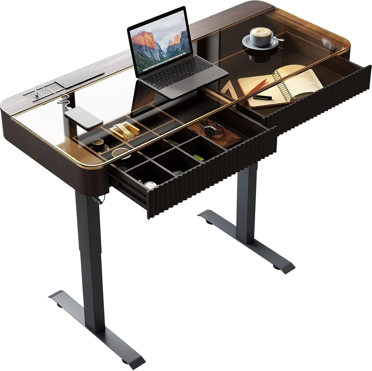 Lartis Office Desk, Electric Computer Lift Table Standing Desk with Drawer Charging USB Port, Home Office Laptop Table with Drawer (Black, 29.5" H x 50" W x 23" D)