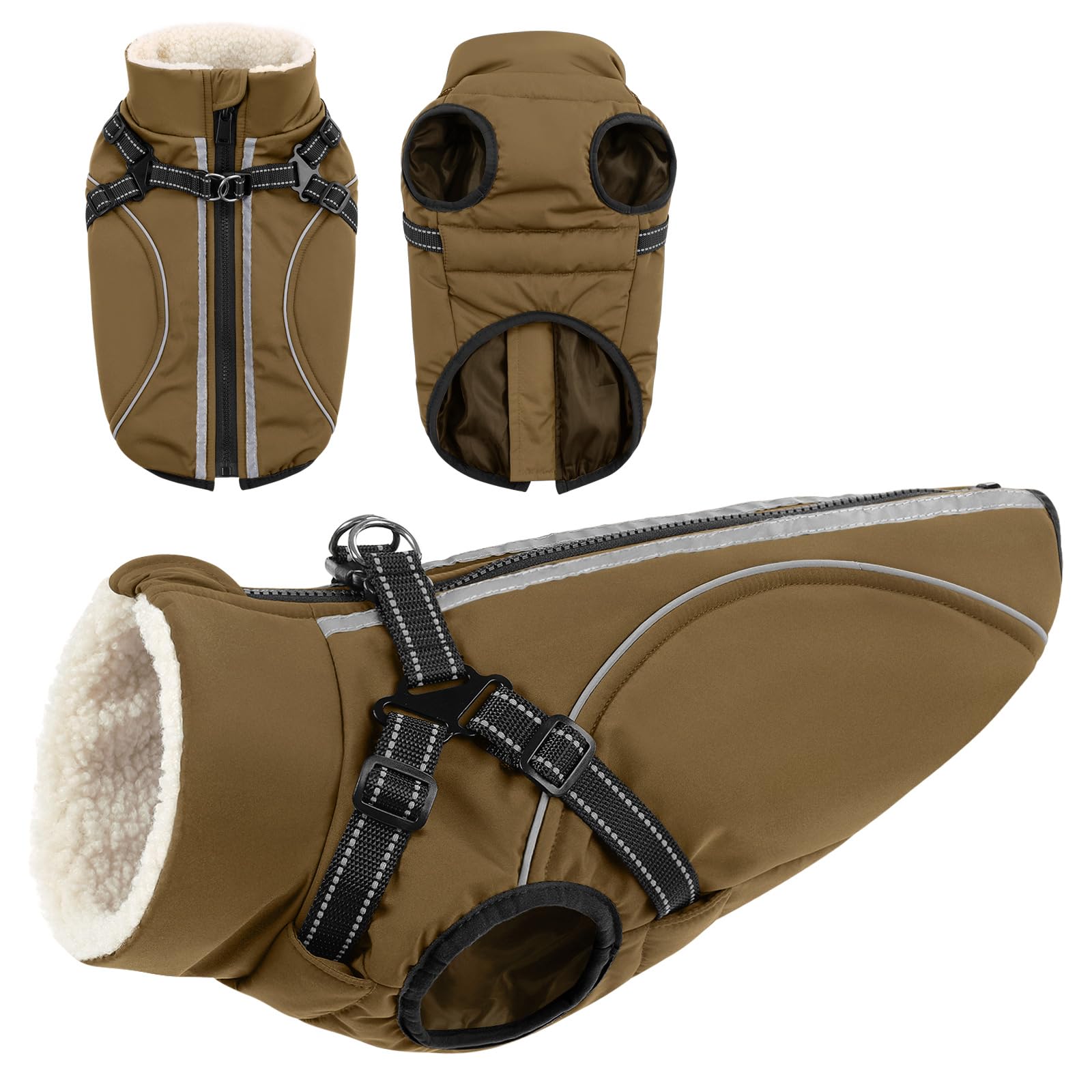 CITÉTOILE Manteau Imperméable pour Chien avec Doublure Polaire, Réflecteur, Harnais, Col Chaud, Brun, S