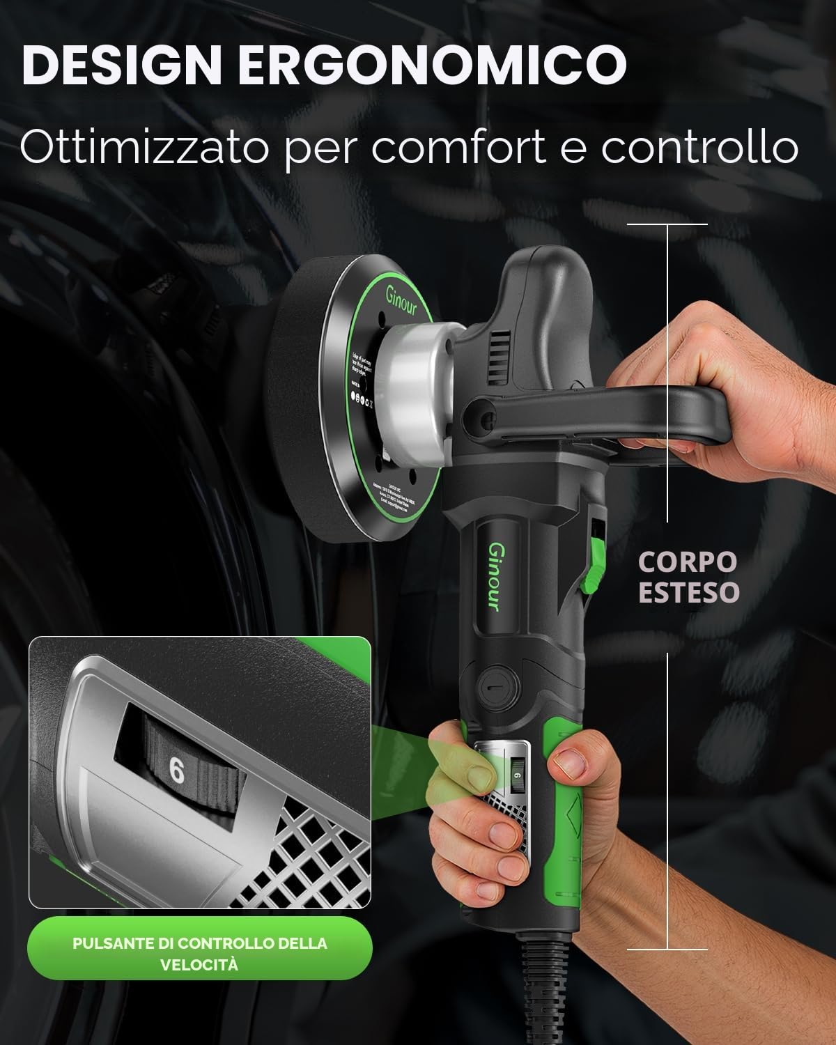 Ginour Lucidatrice Rotorbitale 1050W per auto, 6 velocità regolabili (2000-6400 OPM), lucidatrice auto con impugnatura a D e maniglia laterale, platorello da 150 mm / 6 pollici