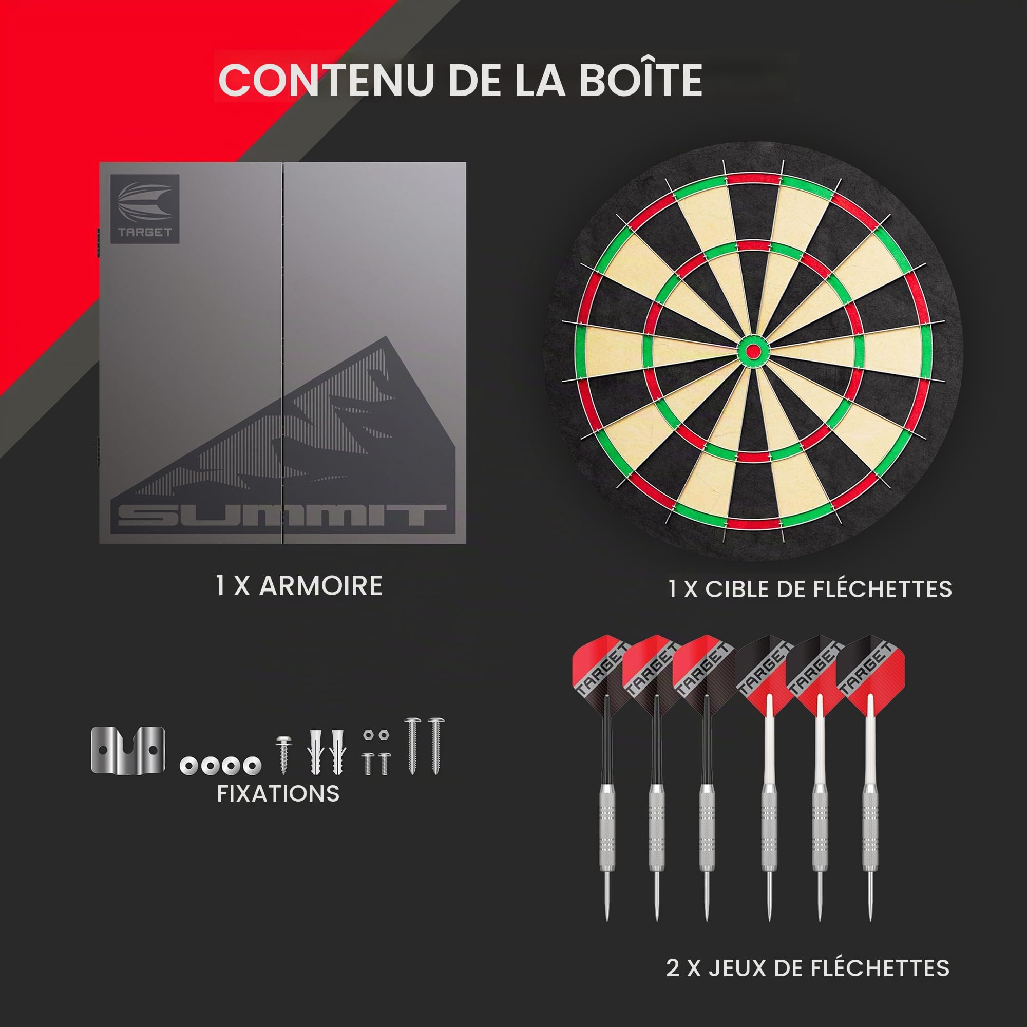 Target Darts Summit and Home Ensembles Armoire et Jeu de Fléchettes | Ensemble Complet de Fléchettes | Comprend Une Armoire et Un Jeu de Fléchettes, des Fléchettes en Laiton à Pointe en Acier