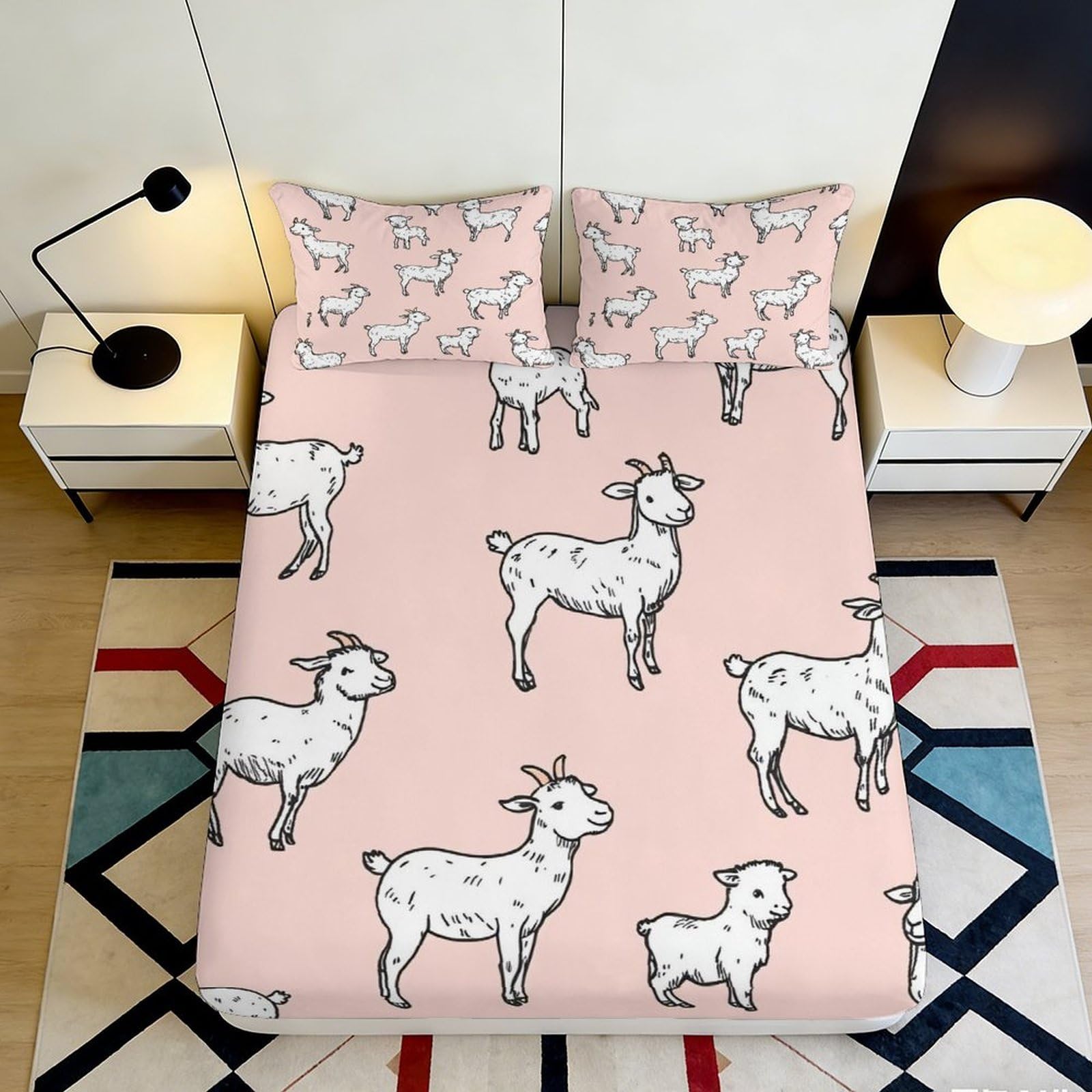 3D Printed Fitted Sheet Cute Goat Pattern, Microfiber Soft Touch, Wrinkle Resistant, Home Decor Piece, Bed Sheet Cover for Bedroom Apartment Bedding, Easy Care, 120x200cm 90x200x25cm