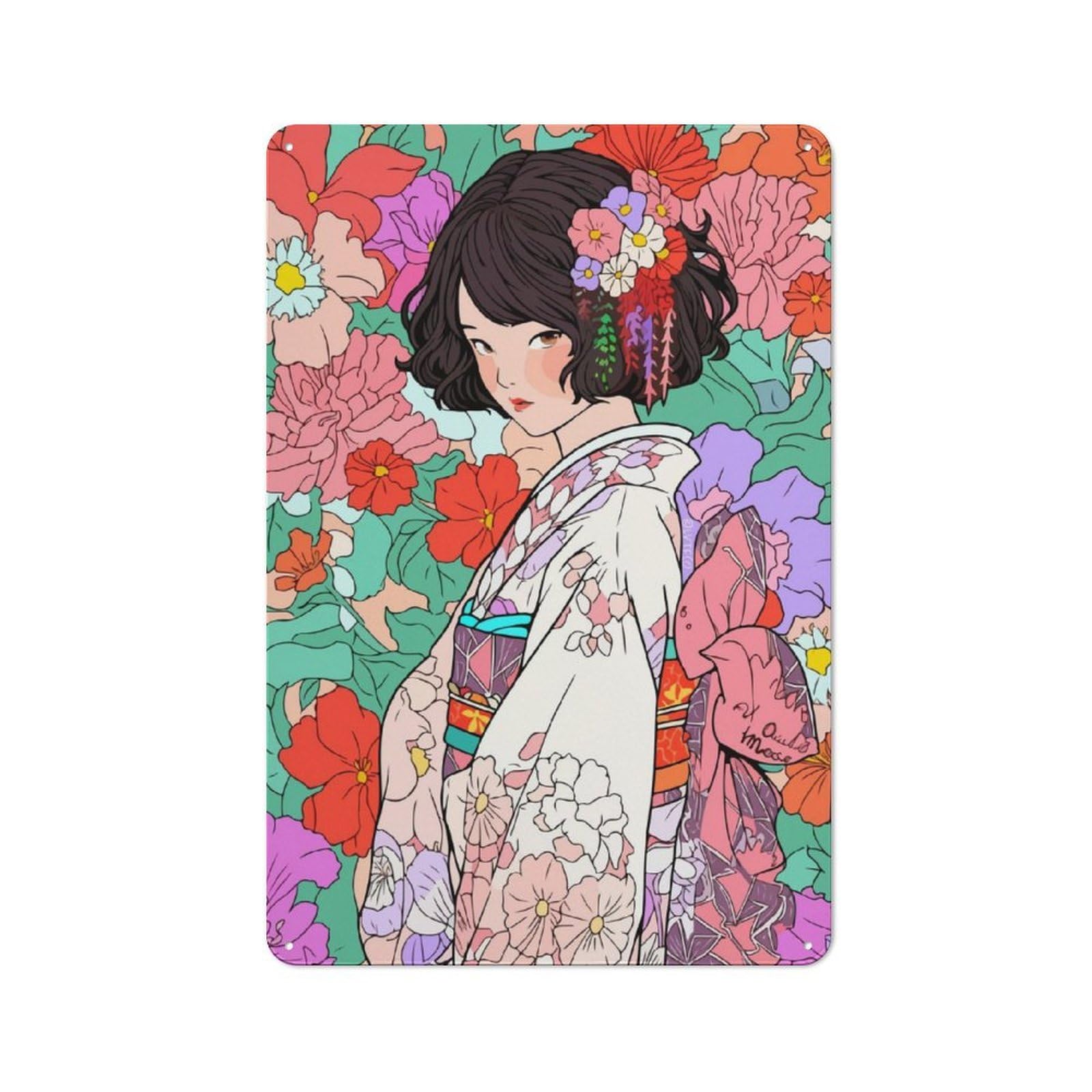 Junmoney Girls Kimono Anime Zen Art Rustic Tin Sign 30X20cm Featuring For Garage Or Workshop, For Updating Garage And Workshop After Moving