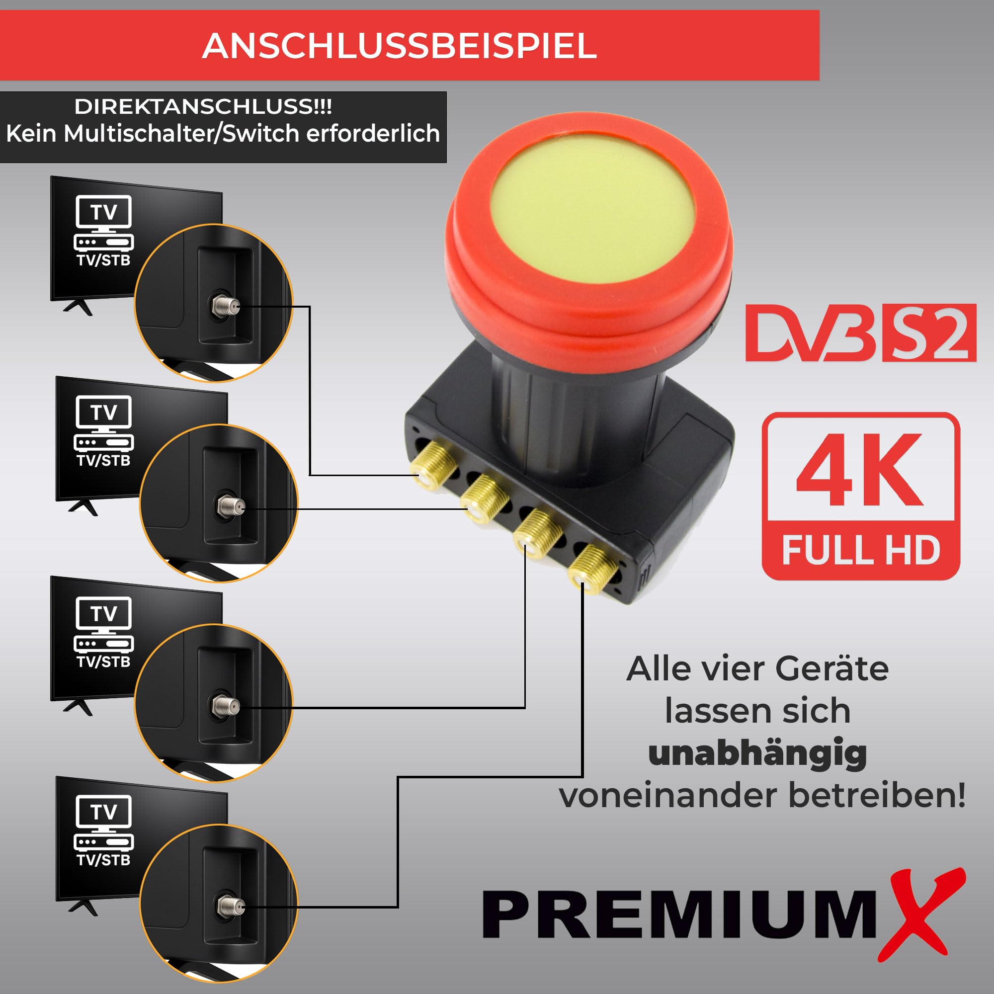 Premium X Quad LNB – 4 scomparti – estremamente resistente al calore – per 4 partecipanti – 4K Full HD – con protezione dalle intemperie per parabola satellitare satellitare – nero – con 8 connettori