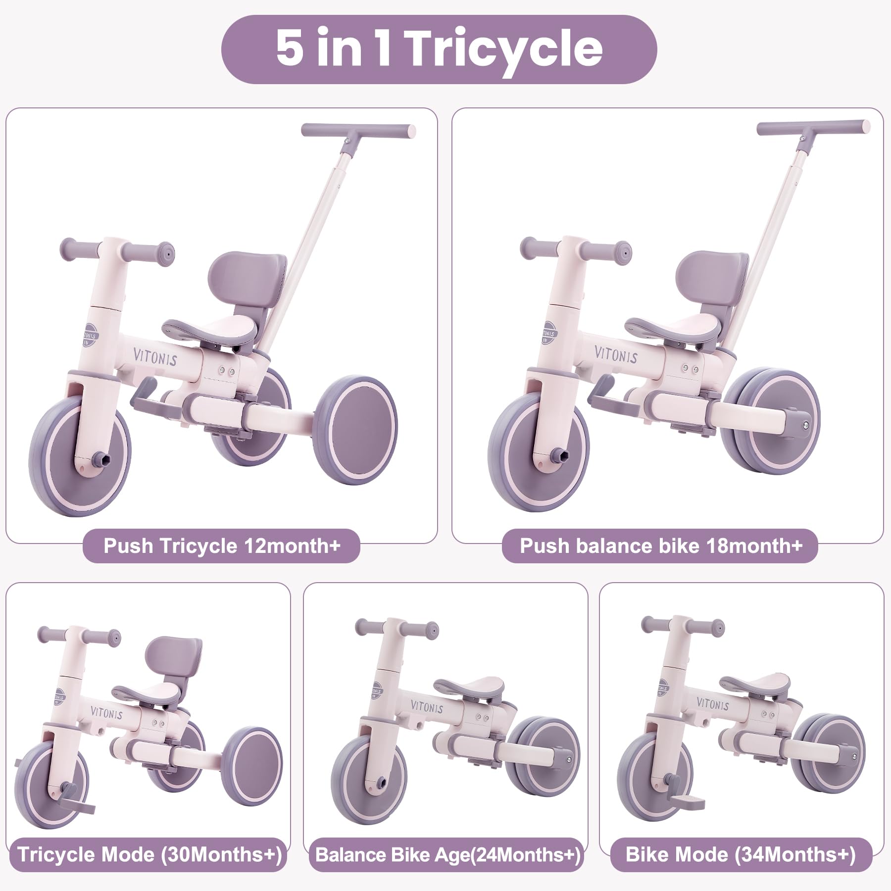 VITONIS bicicletta senza pedali da 1 anno, triciclo 5 in 1 con barra di spinta per bambini, girello per bambini da 1 a 4 anni Regali e giocattoli (viola)