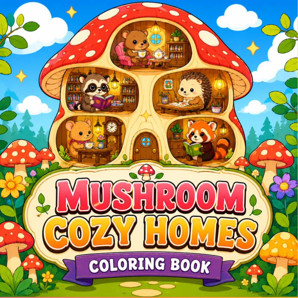 Mushroom Cozy Homes Coloring Book with Adorable Forest Animals, Charming Mushroom Cottages, Cozy Interiors, and Magical Woodland Adventures