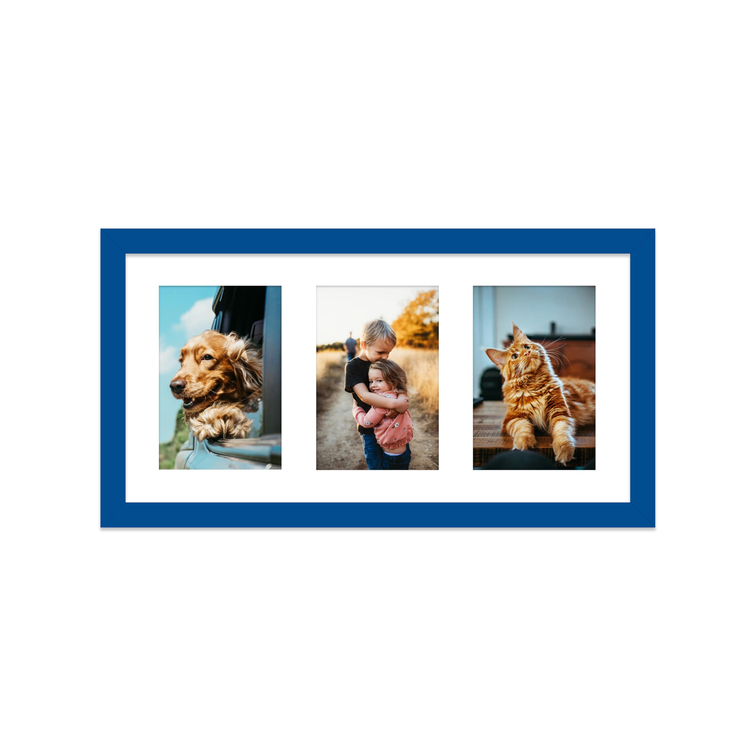 Blue Multi Photo Frame - Holds 3 x 6x4 Pictures, Family Collage Picture Frame for Wall Display, 8x16 Panoramic Frame Size, Pack of 1