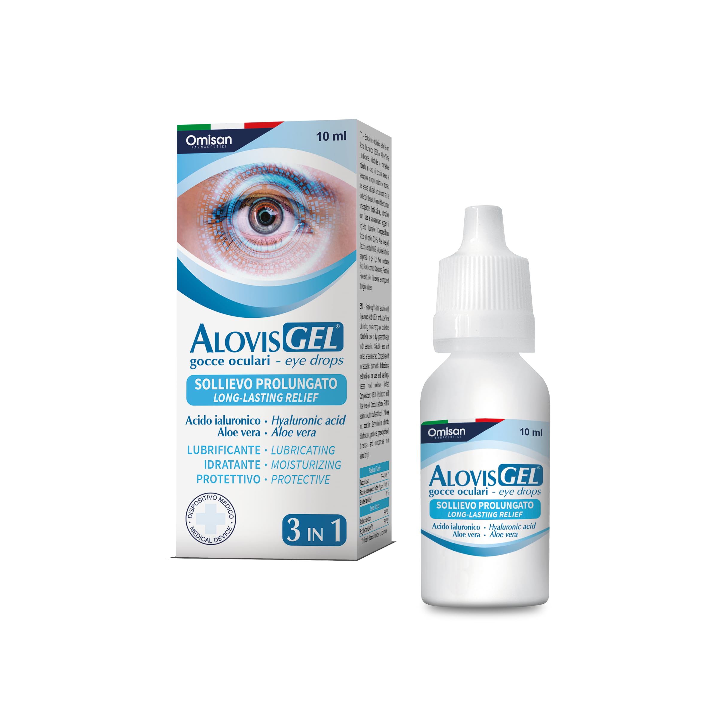 AlovisGel Liquid-​Gel 3in1 - Collirio Sterile Lubrificante, Idratante, Rinfrescante per Occhi Secchi. Con Acido ialuronico ed Aloe Vera gel - 10 ml