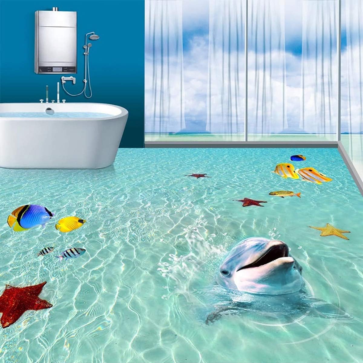 ECYC 3D Water Waves Beach Ocean Waterproof Creative Floor Tiles Painting Murals Sticker