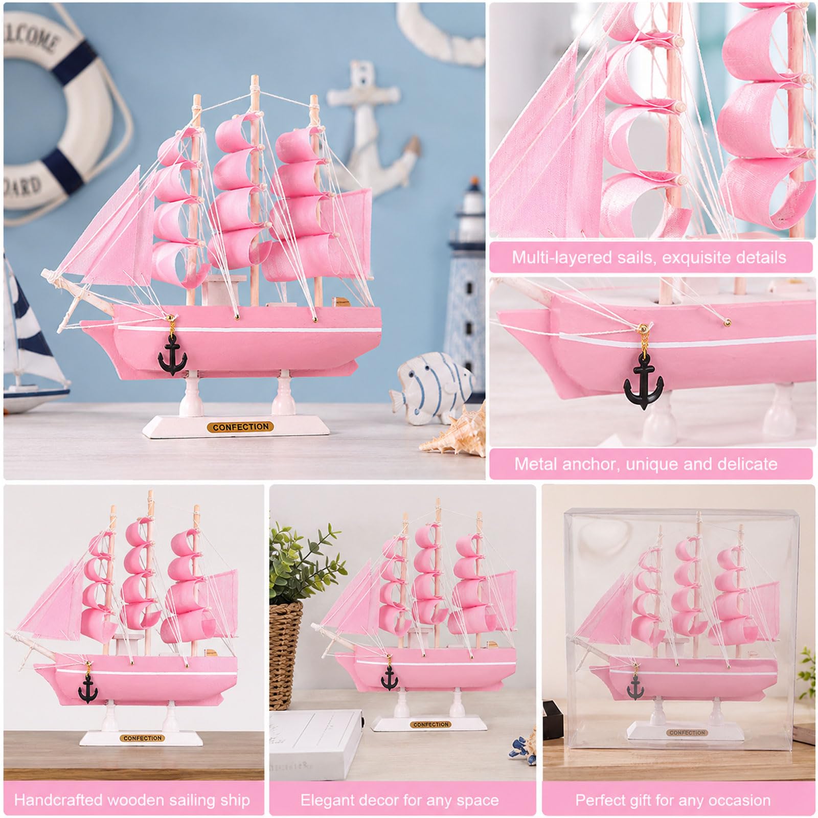 YLME Rosa Segelboot-Dekomodell Dekoratives Segelschiff Mit Realistischen Segeln Und Anker Akzent Für Strandhaus/Regal Für Schreibtisch/Tisch Einzigartige Geschenkidee,30cm