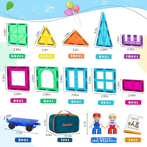 Miniatura 5 de Gemmicc Azulejos magnéticos, 126 piezas + estuche de almacenamiento + 2 figuras, bloques de construcción STEM juguetes magnéticos para niños,