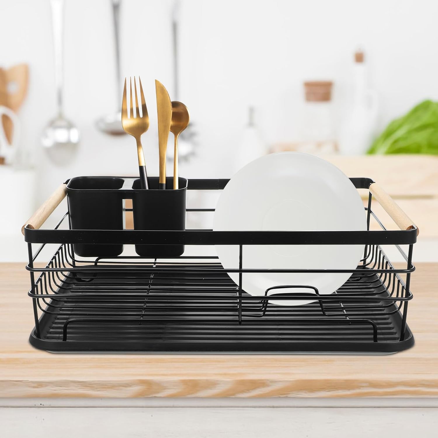 Iron Multi-Functional Large Capacity Kitchen Countertop Dish Rack with Drain Tray, Bowl and Plate Drying Rack for Kitchen Utensils Storage, Black
