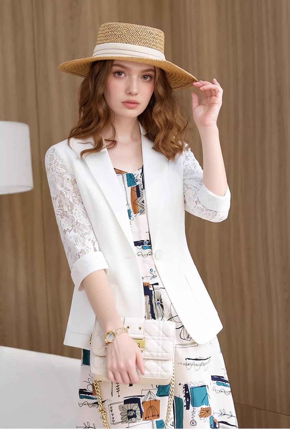 3/4 Lace Sleeve Summer Womens White Blazer Fitted Lightweight Business Casual Blazers Jackets Office Work Tops