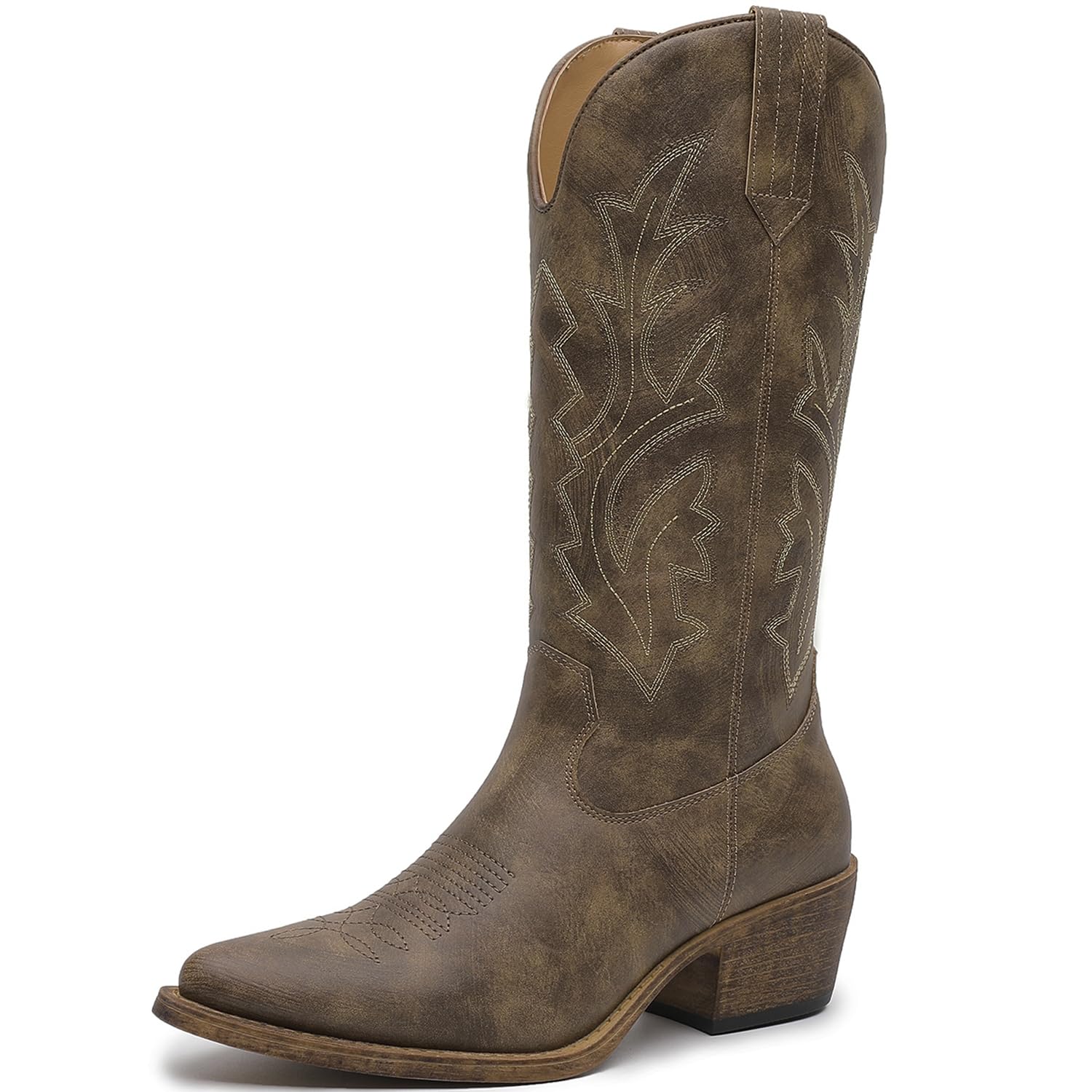 GLOBALWIN Women's Mid Calf Western Cowboy Boots Cowgirl Boots for Women with Floral Embroidery Side Zipper Chunky Heel