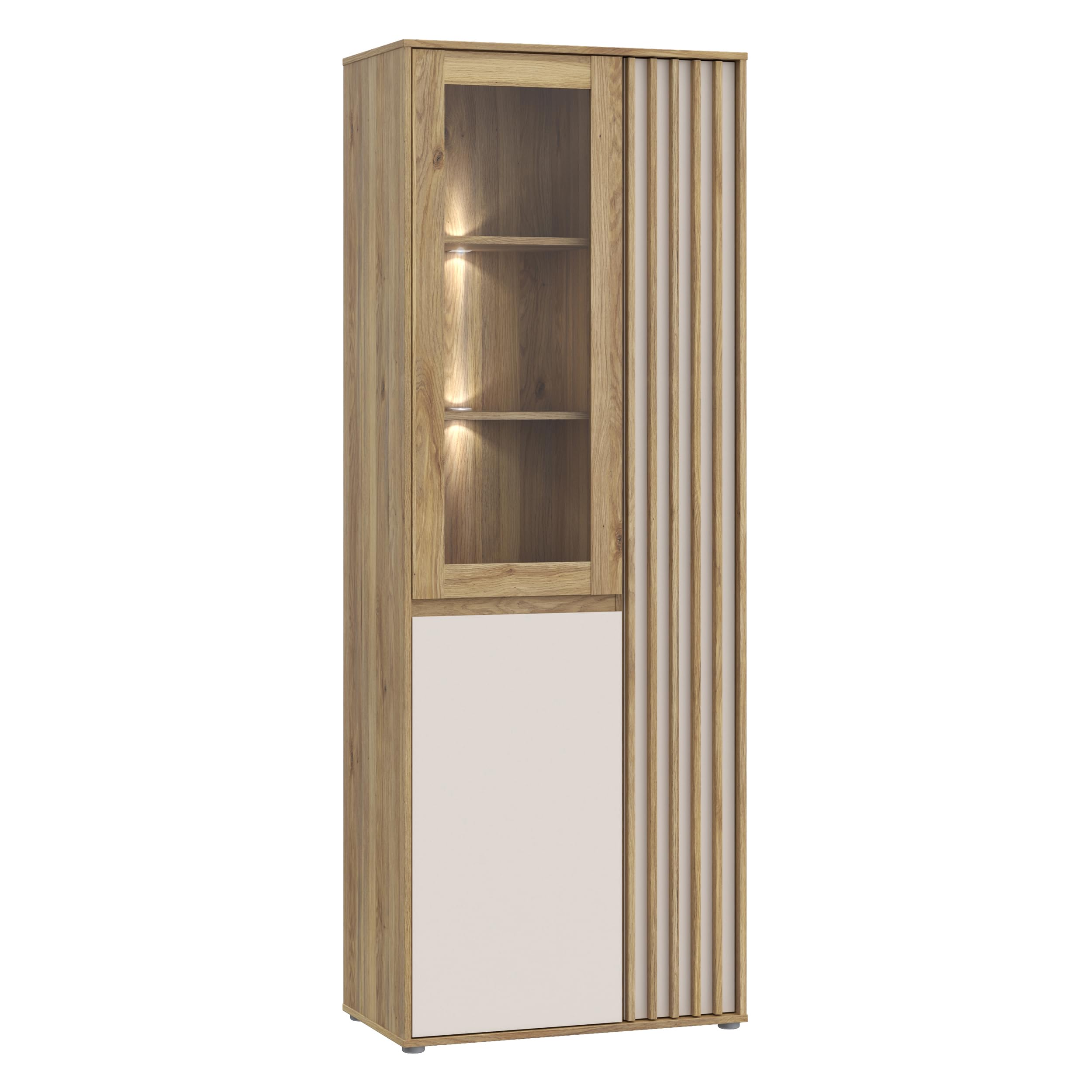 Forte ELISTON Vitrine 70 80, moderner Schrank mit Lamellendesign, 3-türig, Wohn-/Schlafzimmer, Mauvella Eiche Holzdekor|Kashmir Beige, 74 cm breit x 200,1 cm hoch x 41,5 cm tief