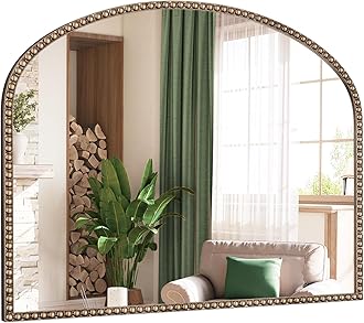 Arched Antique Gold Mirror with Beaded, 28"x36" Decorative Wall Mirrors, Champagne Bronze Brass Frame Vintage Mirror for Bedroom Dressing Room Entryway Fireplace