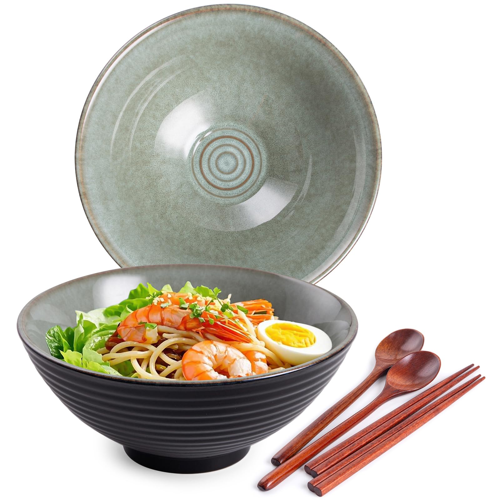 Auanlay 1200ml Ceramic Ramen Bowl Set of 2 Japanese Noodle Bowls with Spoons and Chopsticks, Grayish Green