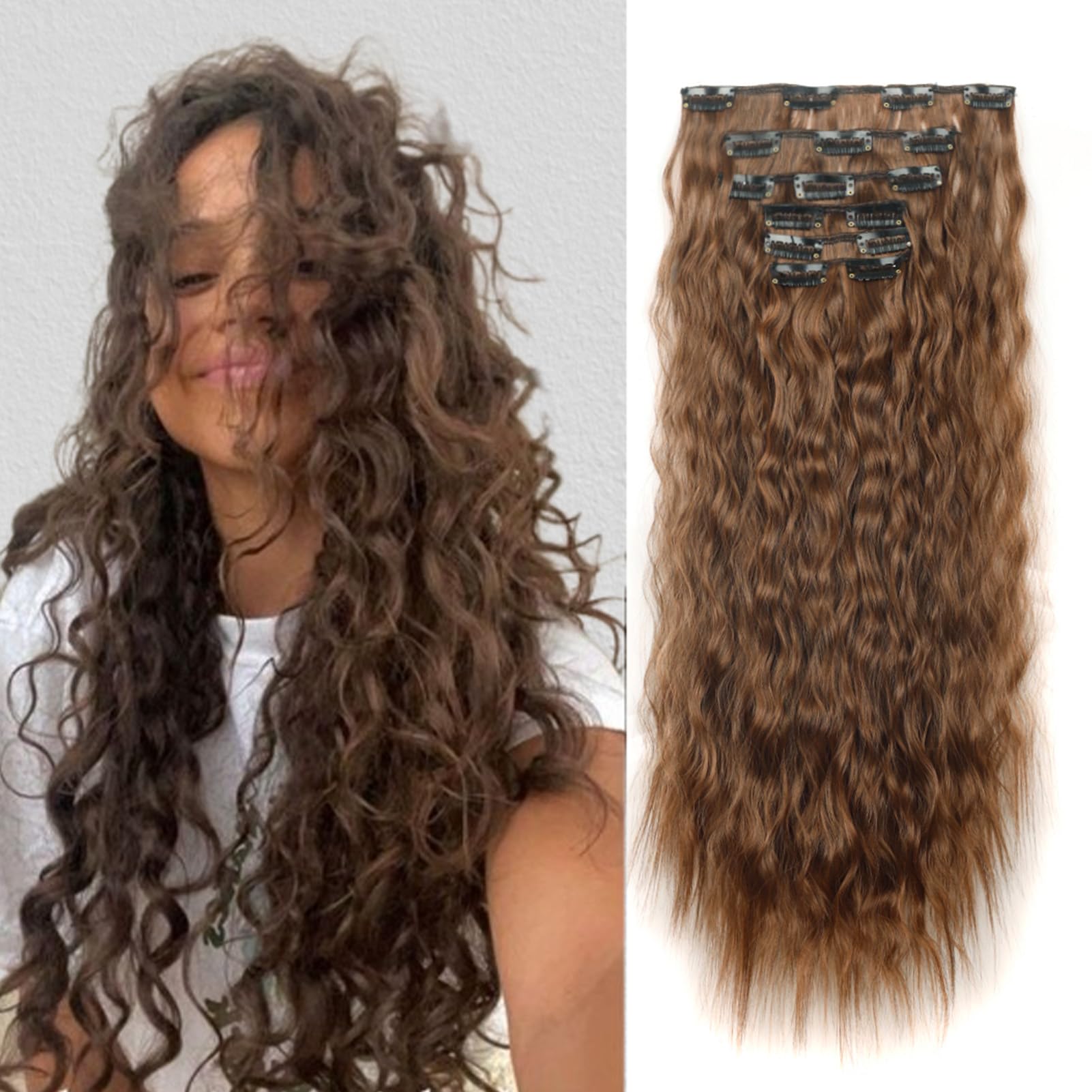 Long Curly Clip in Hair Extensions 20 inch Brown Hair Extension Clip in Hairpiece Wavy 6PCS Full Head Set Synthetic Hair piece for Women, Dark Brown & Dark Auburn