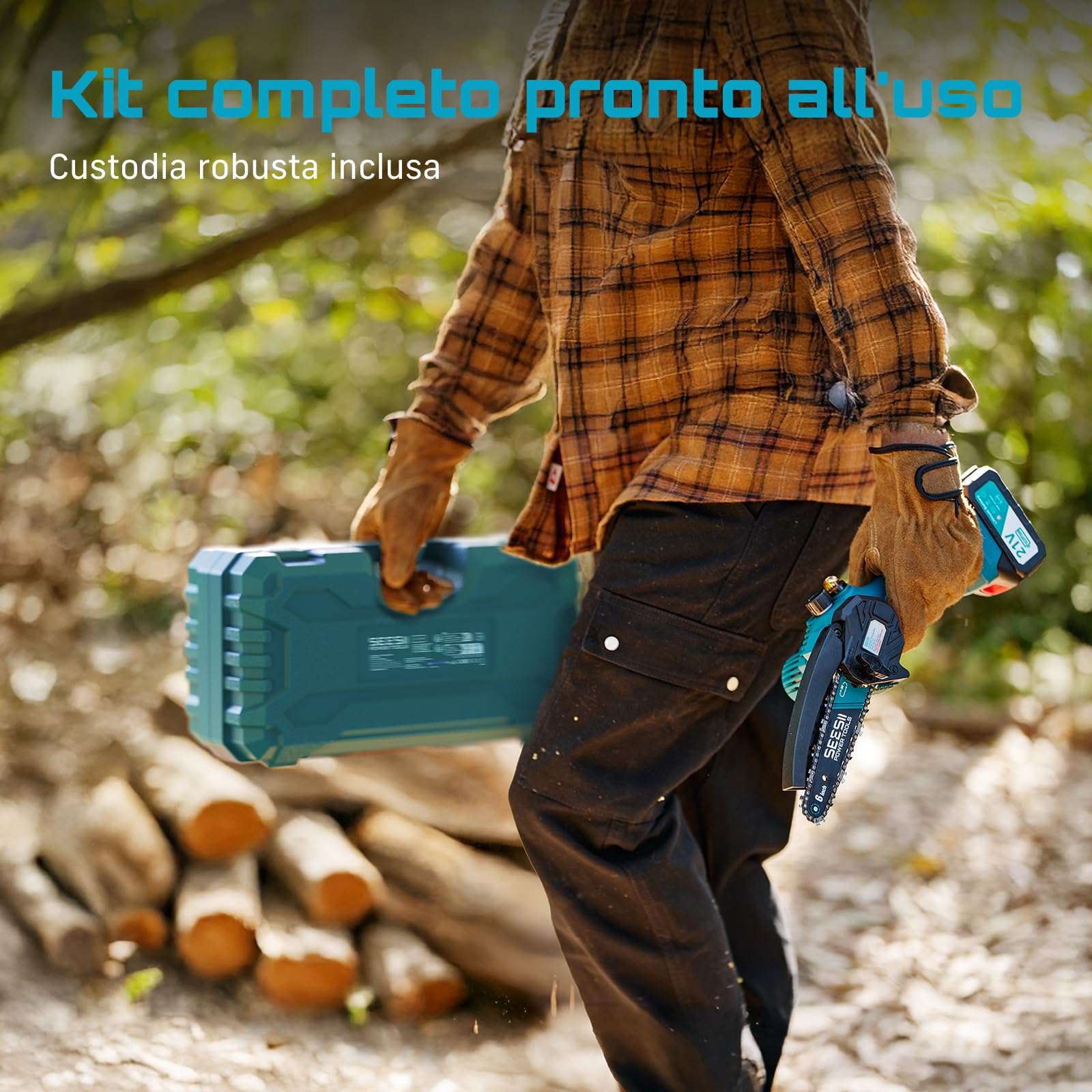 SEESII Mini Motosega a Batteria 8000mAh, 900W 6 Pollici Sega Elettrica per Potatura con Pompetta Olio e Catena di Ricambio, Motosega da Potatura per il Taglio del Legno Giardini, M6 Pro