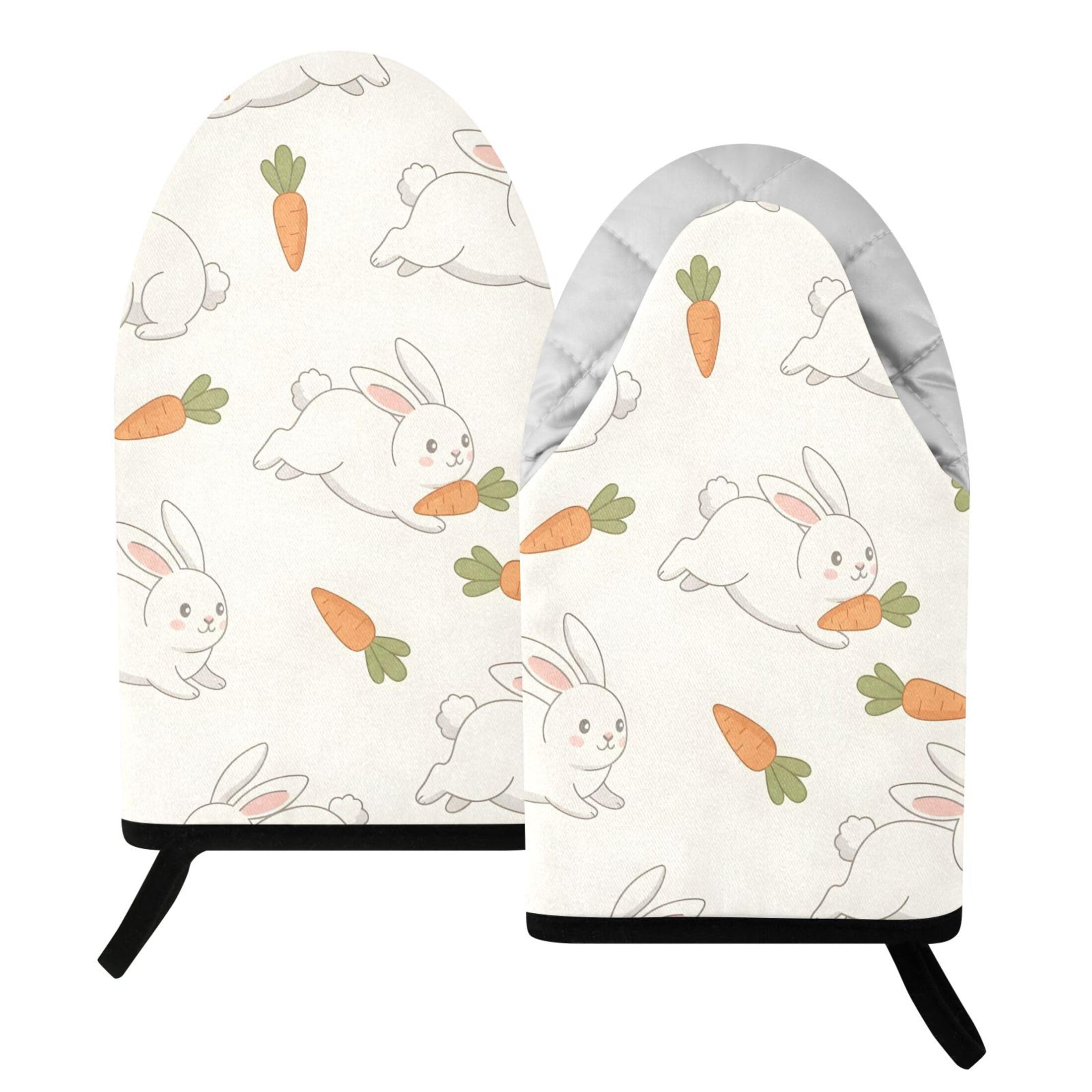 Kutsu Carrot White Rabbit Oven Mitts for Kitchen, Heat Resistant Cotton Oven Gloves for BBQ Baking Cooking, Breathable Kitchen Essentials, 2 pcs