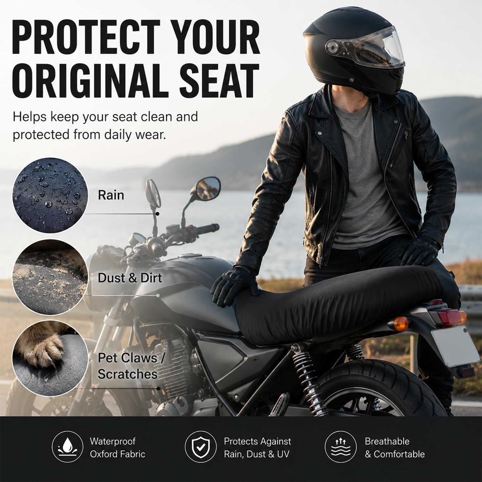 Wodoodporny pokrowiec na siedzenie motocykla XXL 100-115 cm | Materiał Oxford, uniwersalne dopasowanie, chroni przed deszczem, słońcem i kurzem, łatwy montaż