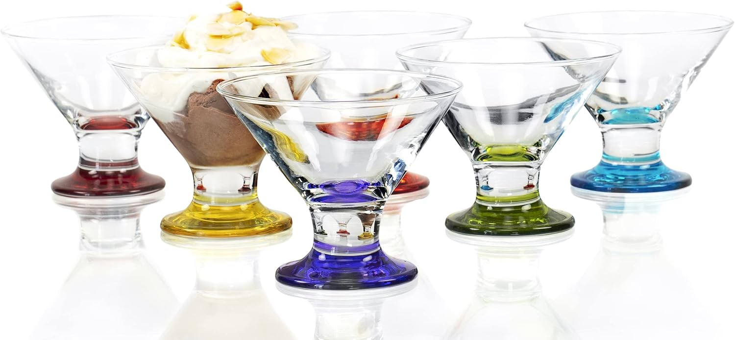 Red Co. Coral Crema Savory Sweets Footed Ice Cream Bowl, Glass Dessert Cups For Parfait Fruit Salad or Pudding, Assorted Colors, Set of 6, 5.5 oz