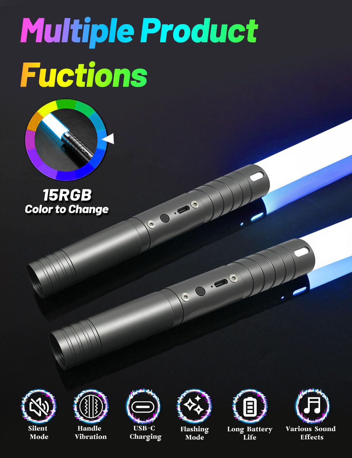 Sabre Laser Enfant 2 en 1 15 Couleurs Duel 4 Modes Sons USB-C Gris 2PC