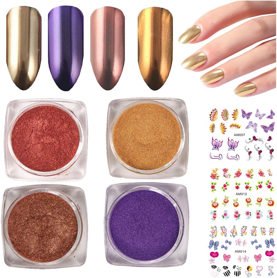 4 Boxes Mirror Nail Powder Glitter Holographic Effect Gold Chrome Pearl Nail Art Powder Metallic Laser Manicure Dip Colors 2G,3Sheets Nail Stickers (LIFE021)