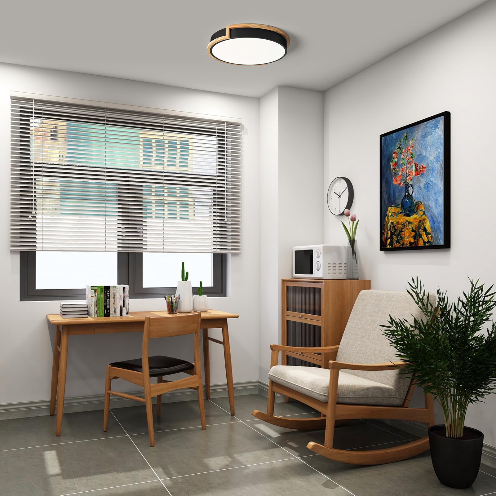 WOKNOS Lampada da soffitto, Plafoniera Bianca 40 cm, Lampada LED 36W con legno per camera da letto, soggiorno, cucina, corridoio, sala da pranzo, 4000K