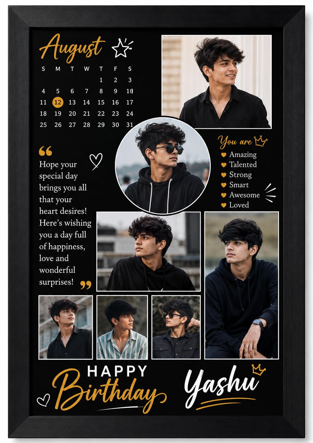 Personalised Birthday Photo Collage Frame with Calendar | 7 Photo Slots, Custom Name & Date, Birthday Wish Quote, Black Framed, Wall Decor-image-26