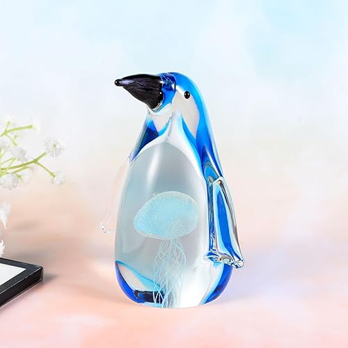 Miniatura 2 de Figura de pingüino de cristal azul soplado a mano con medusas, escultura de animales de cristal, coleccionable, decoración de mesa para el hogar,