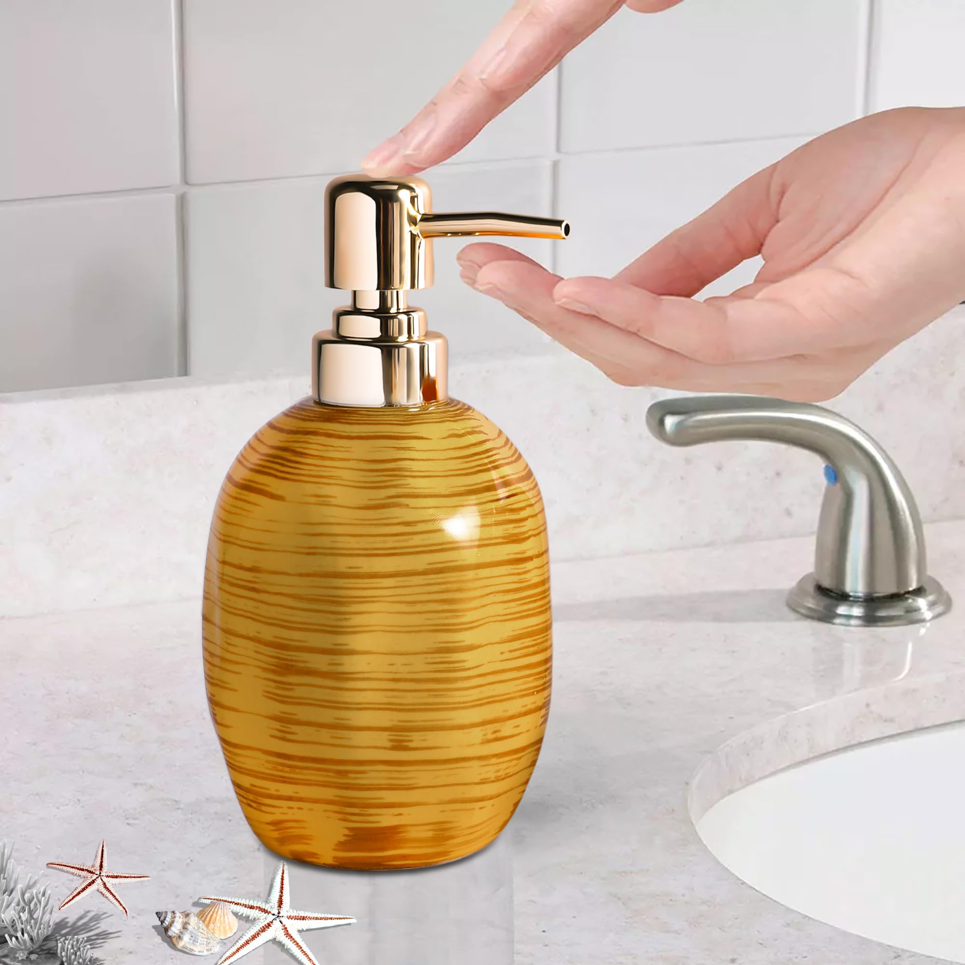 Set Accessori Bagno In Ceramica Giallo Lucido – 3 Pezzi Con Dispenser Sapone, Portaspazzolino E Portasapone - 5