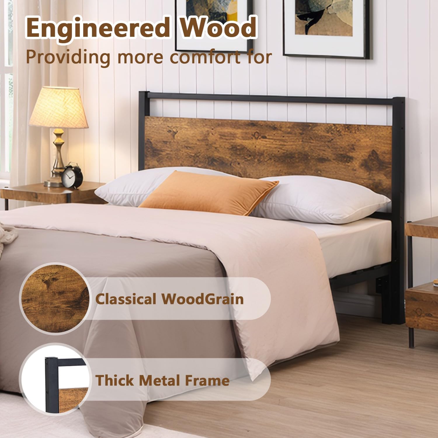 Wood Headboard Full Size Bed, Easy Assembly with Rustic Solid Wood Board, Full Headboard Only with Metal Slats Sturdy,Farmhouse Headboards for Adjustable Bed, Rustic Brown