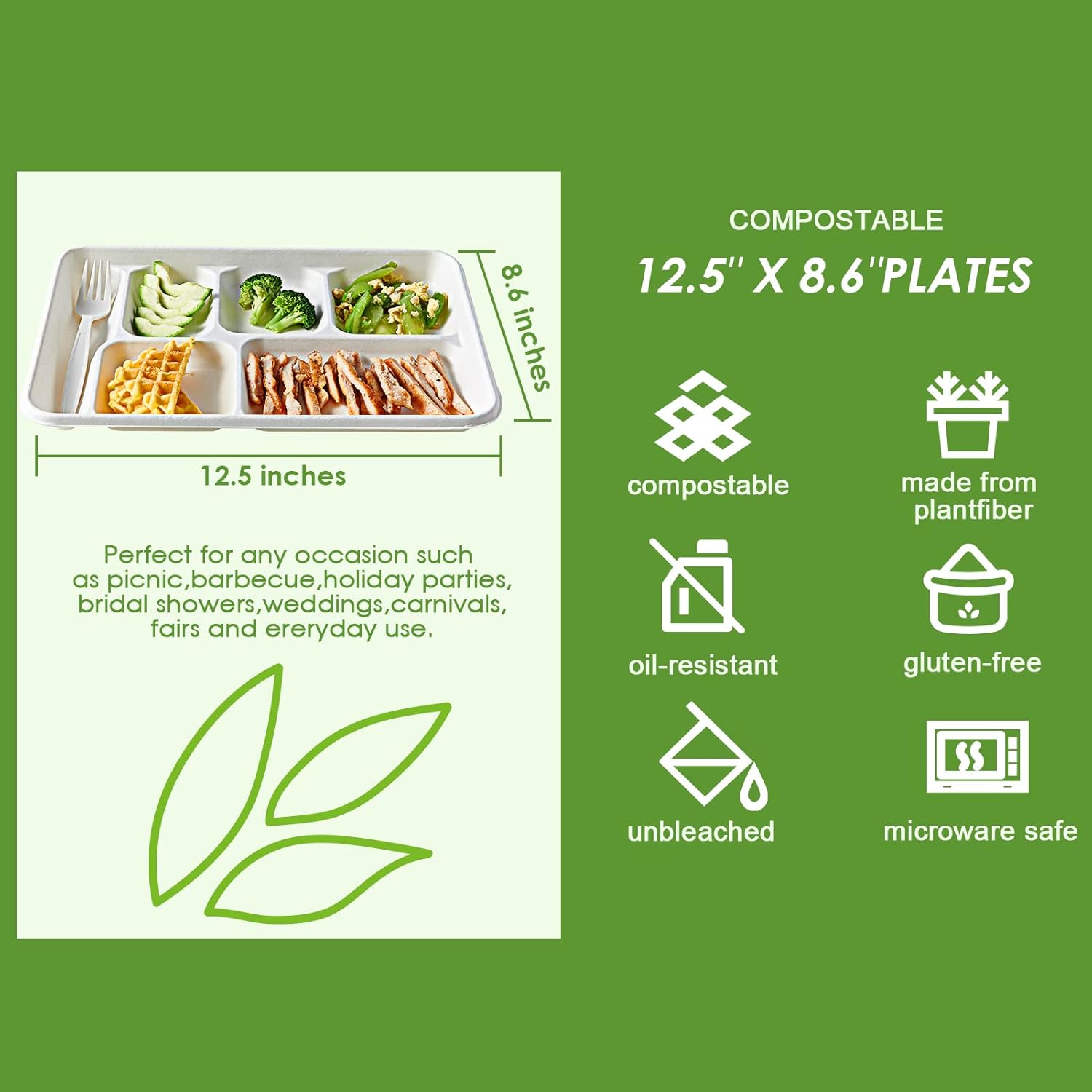 Vplus 100% Compostable 6 Compartment Plates, 90 Pack Compartment Paper Plate, 12.5x8.6 inch Disposable School Lunch Trays, Eco-Friendly Bagasse Plates for School Lunch, Buffet, and Party - Image 3
