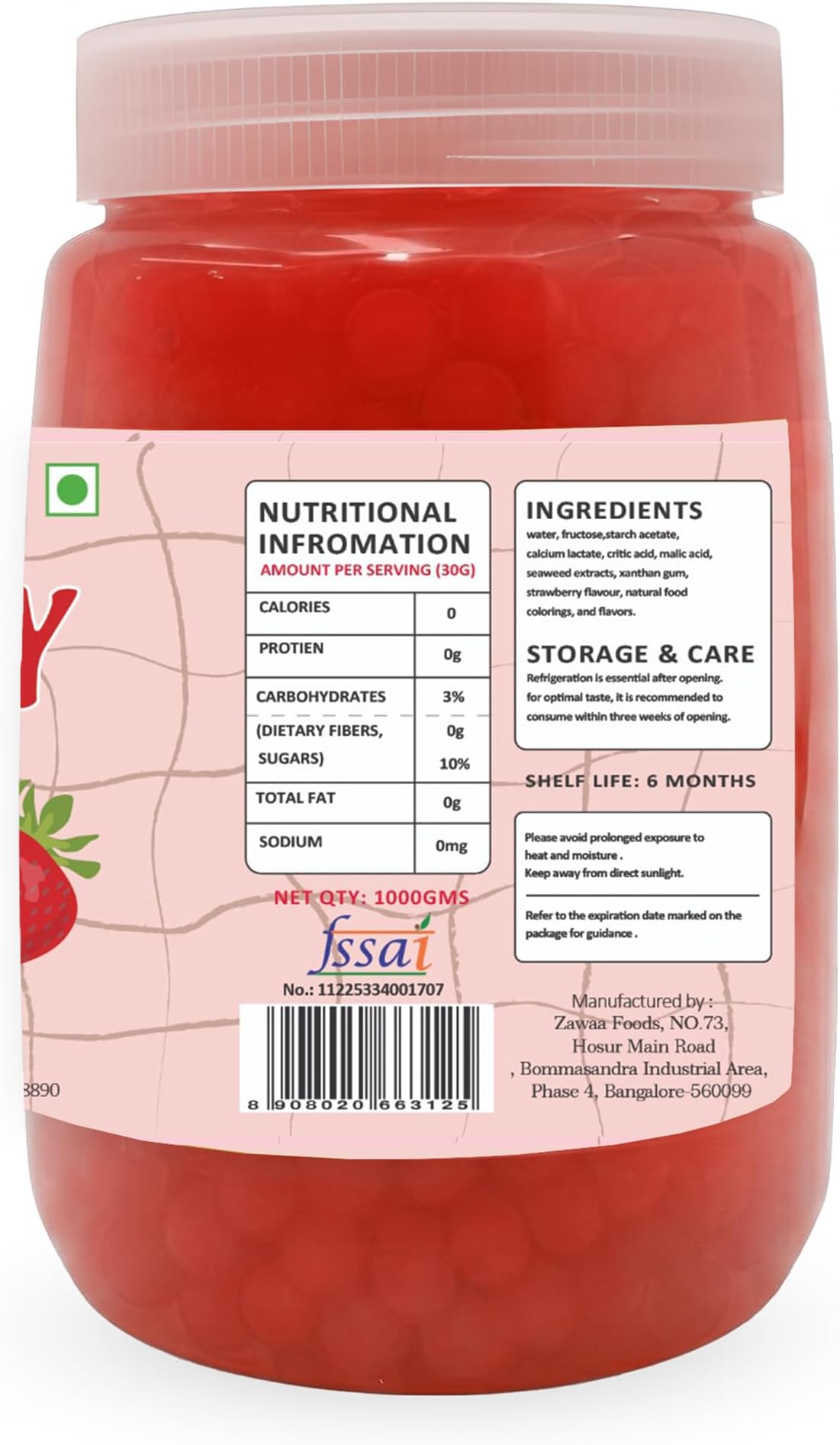 Zawaa Foods Bubble Tea Strawberry Popping Boba 1 kg with 10 Pieces 11 mm Paper Straw