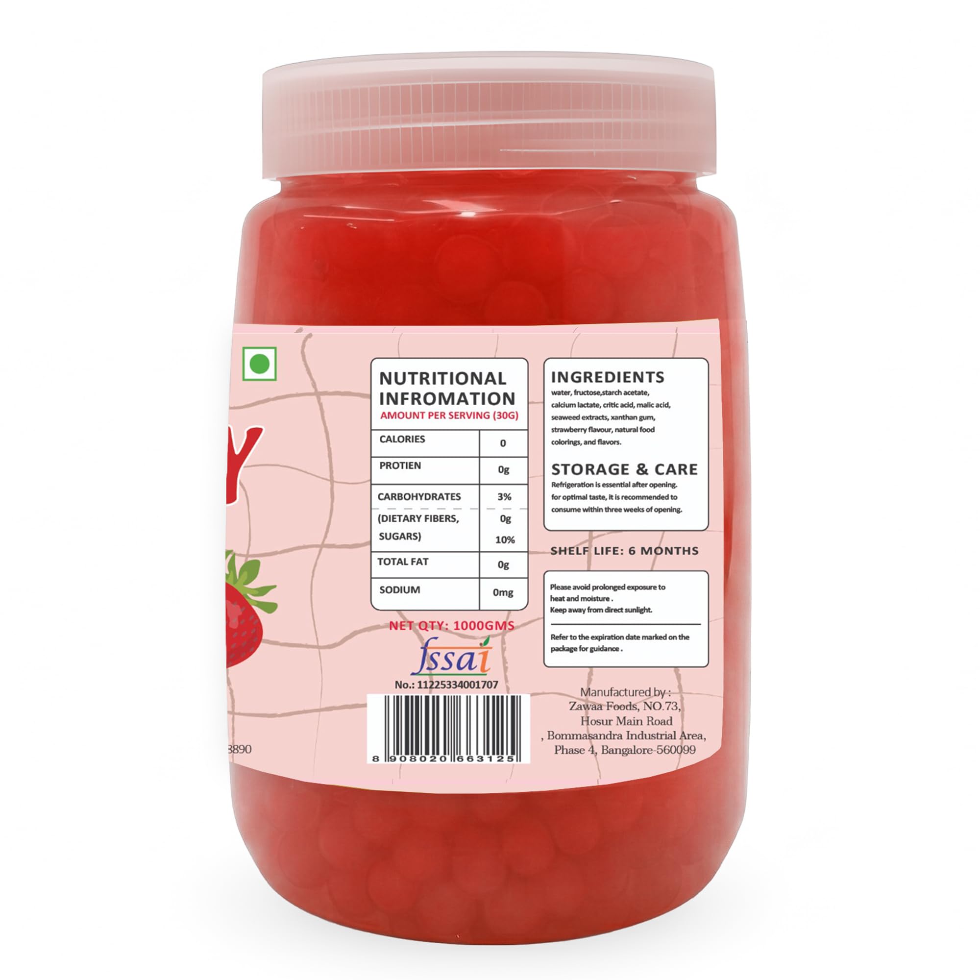 Zawaa Foods Bubble Tea Strawberry Popping Boba 1 kg with 10 Pieces 11 mm Paper Straw