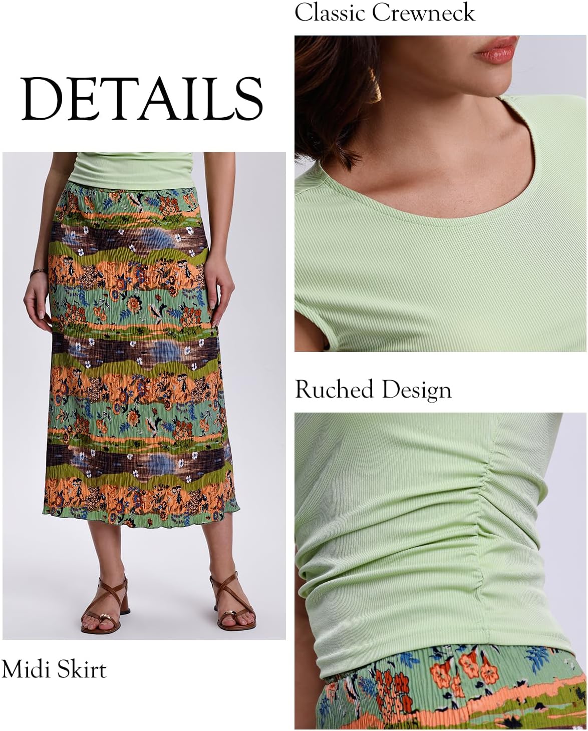 Kimmery Summer Casual Two Piece Skirt Set for Women Crew Neck Crop Tops Elastic Waist Midi Skirt Outfits - Image 6