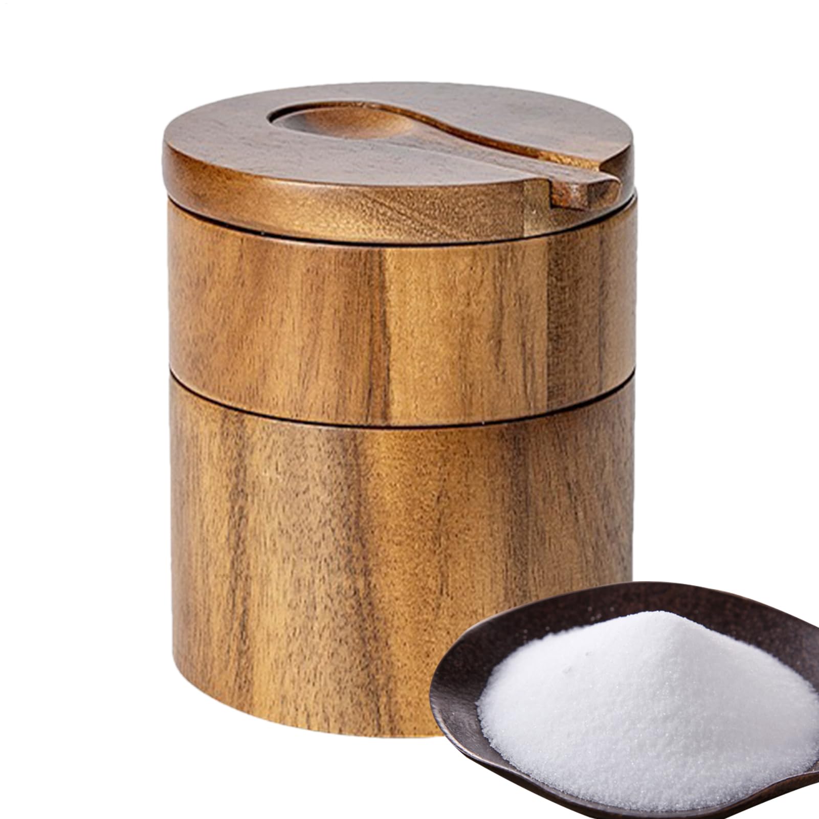Salt Cellar - Barattolo per sale marino con coperchio girevole magnetico, ciotola in legno a 2 strati con cucchiaio per riporre pepe, caffè, zucchero, decapaggio, cucina, piano di lavoro e
