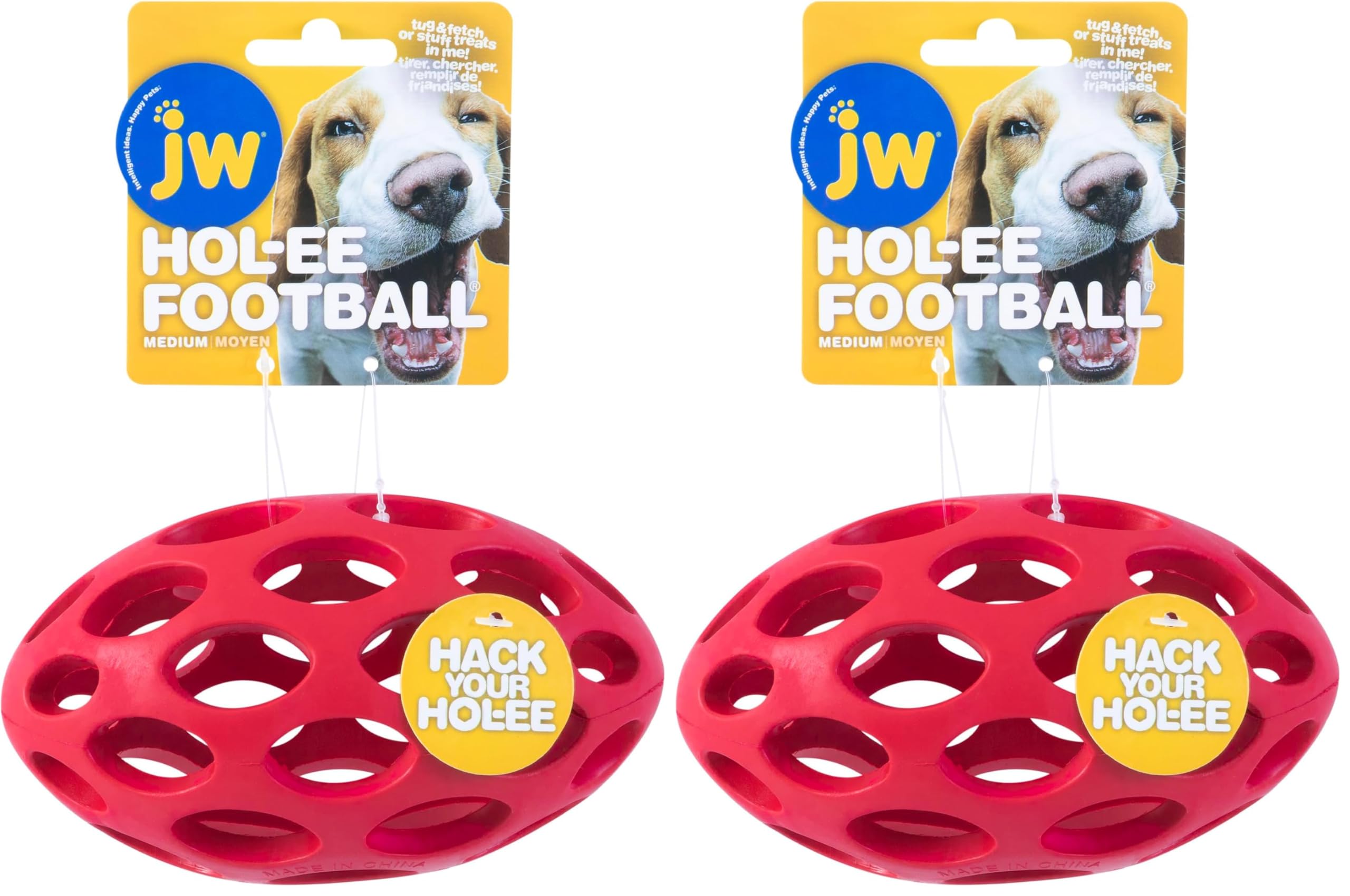 JW Pet Hol-ee Futbol Köpek Oyuncak Bulmaca Topu, Doğal Kauçuk, Orta Boy (15 cm Uzunluk), Renkler Değişebilir (2 paketi)