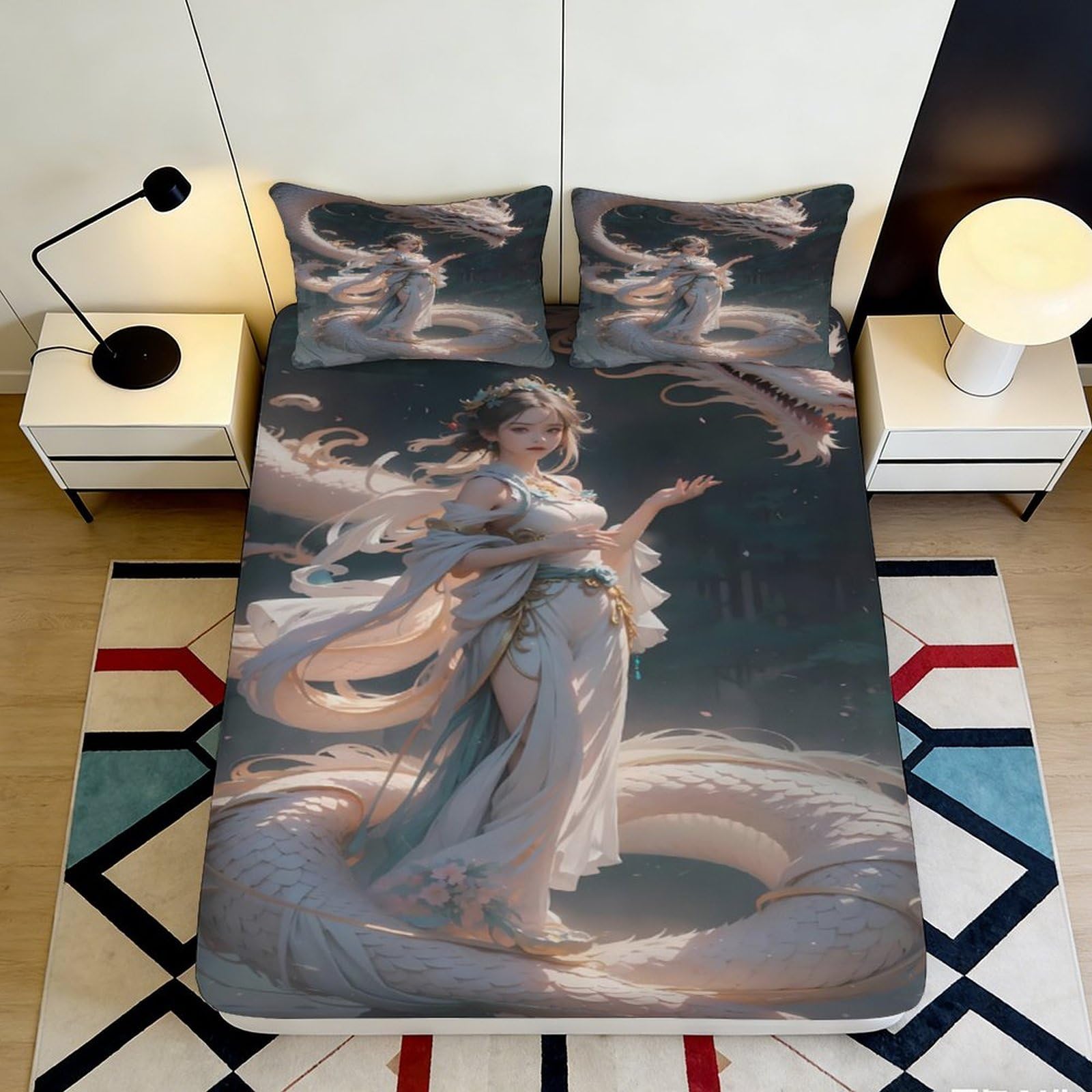 3D Printed Elegant Goddess Fitted Sheet Microfiber Soft Breathable Fantasy Dragon Mattress Cover for Bedroom Dorm Decor 90x200x25cm