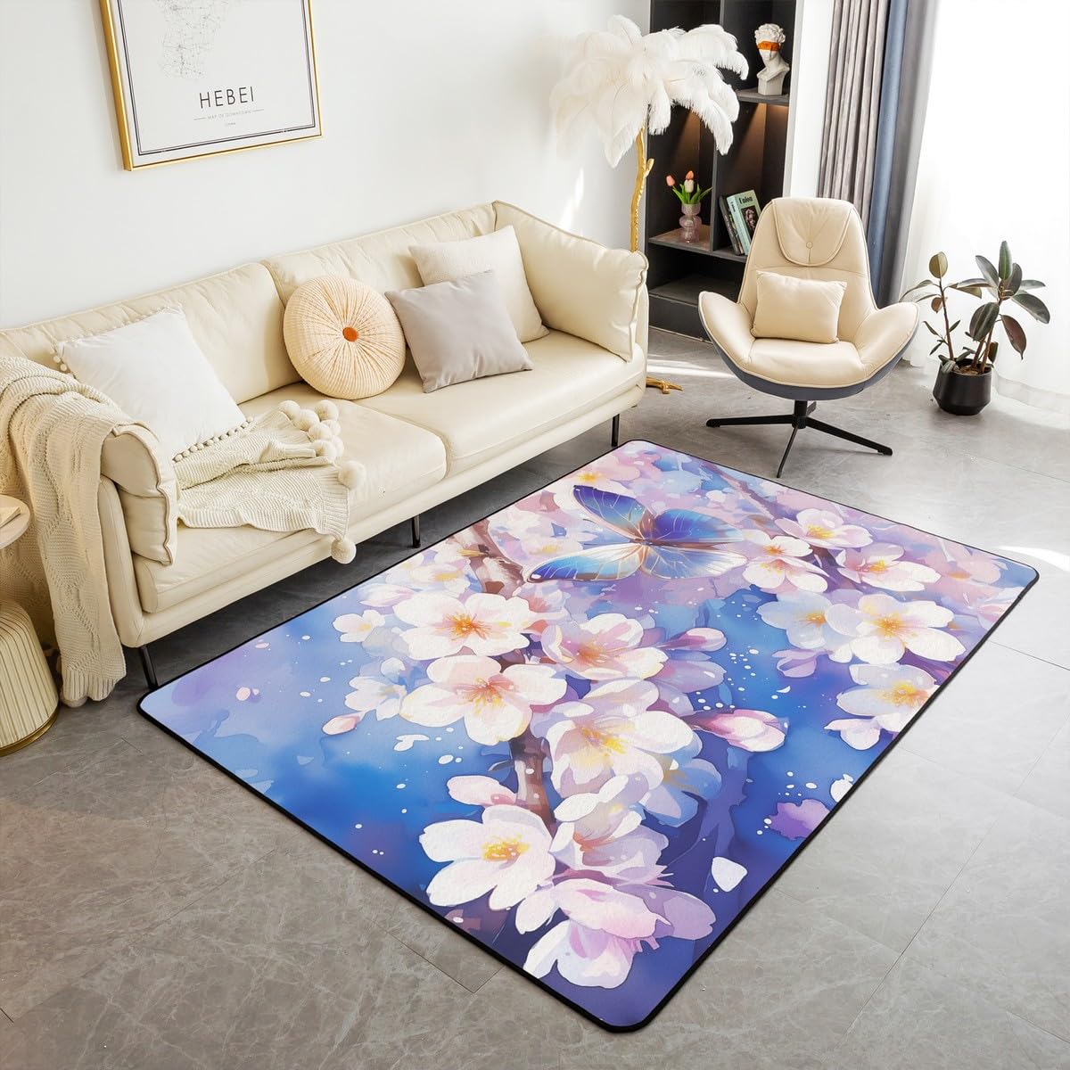 Homemissing Butterfly Area Rug 100 * 150cm Flower Decorative Rug for Kids Teens Butterflies Print Living Room Rugs Girl Butterfly Floral Indoor Floor Mat Non-slip Room Decor