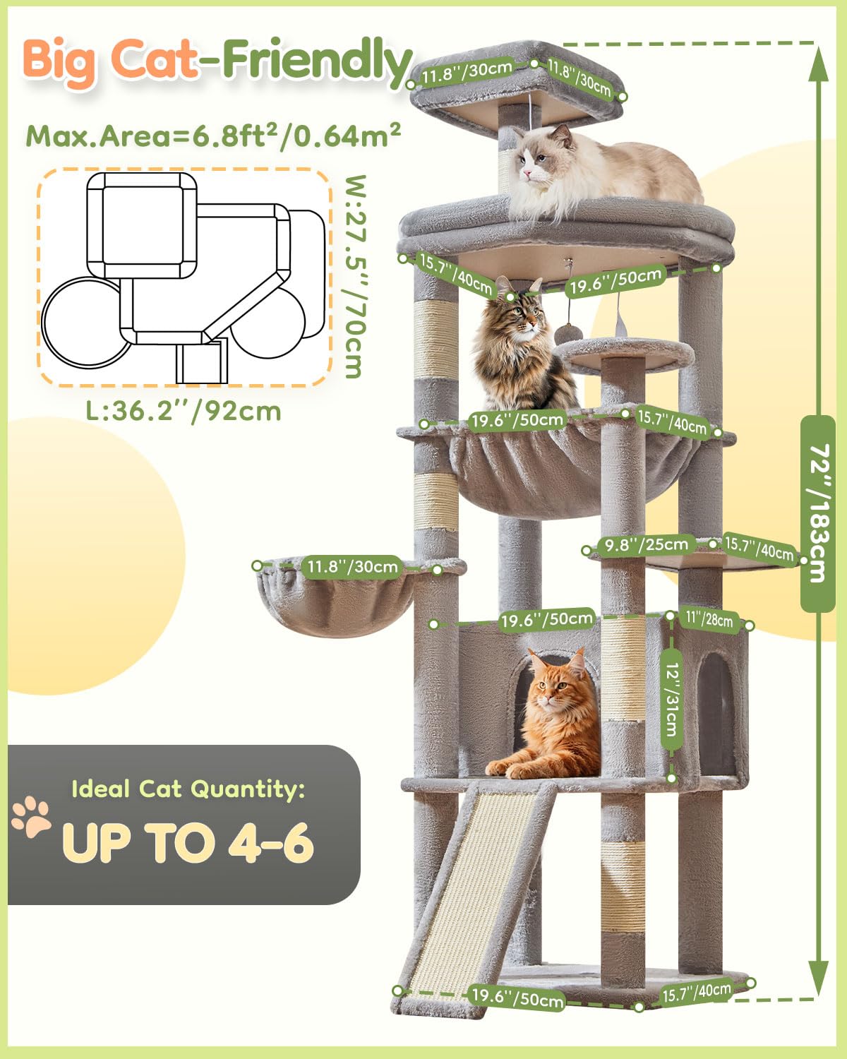 Taoqimiao Árbol para Gatos Grandes 183 cm, Árbol Rascador Multinivel con Cabaña Ancha, Panel Rascador Grande, 5 Postes Arañadores, Hamaca Metálica y Cesta Cómoda, MS045W Gris Claro