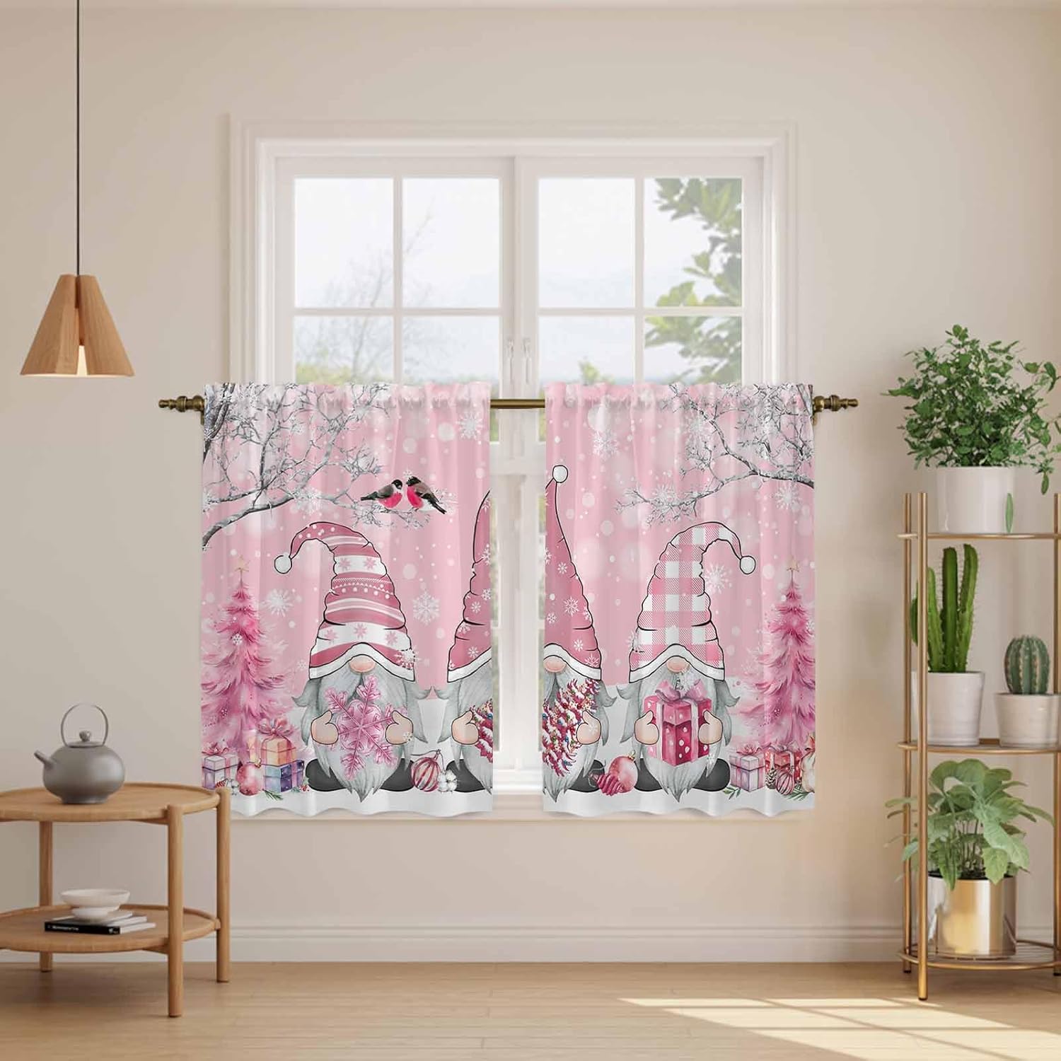 Pink Gnomes Christmas Kitchen Tier Curtains 45 Inch Long 2 Panel Set,Rod Pocket Short Window Treatment,Xmas Tree Snowflake Winter Light Filtering Curtains & Drapes for Bathroom Basement 27.5"W x 45"L
