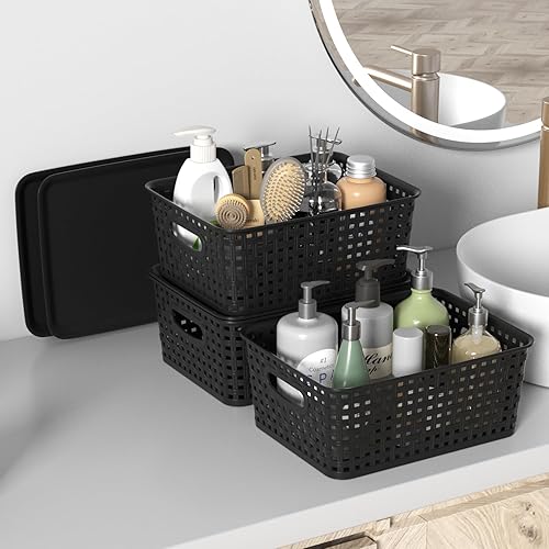 Miniatura 5 de Begale Paquete de 6 cestas de almacenamiento de plástico, contenedor de almacenamiento tejido, 3 negros y 3 grises