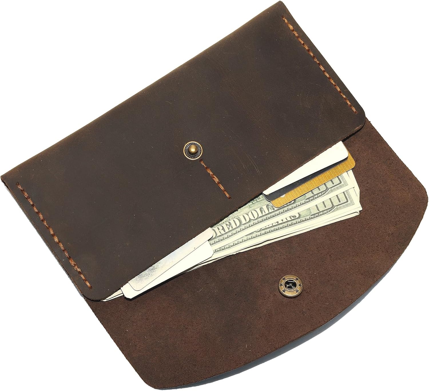 Handmade Crazy Horse Genuine Leather Envelope Wallet, Card Holder with 2 Card Slots Vintage Slim Hand-Stitched Wallet
