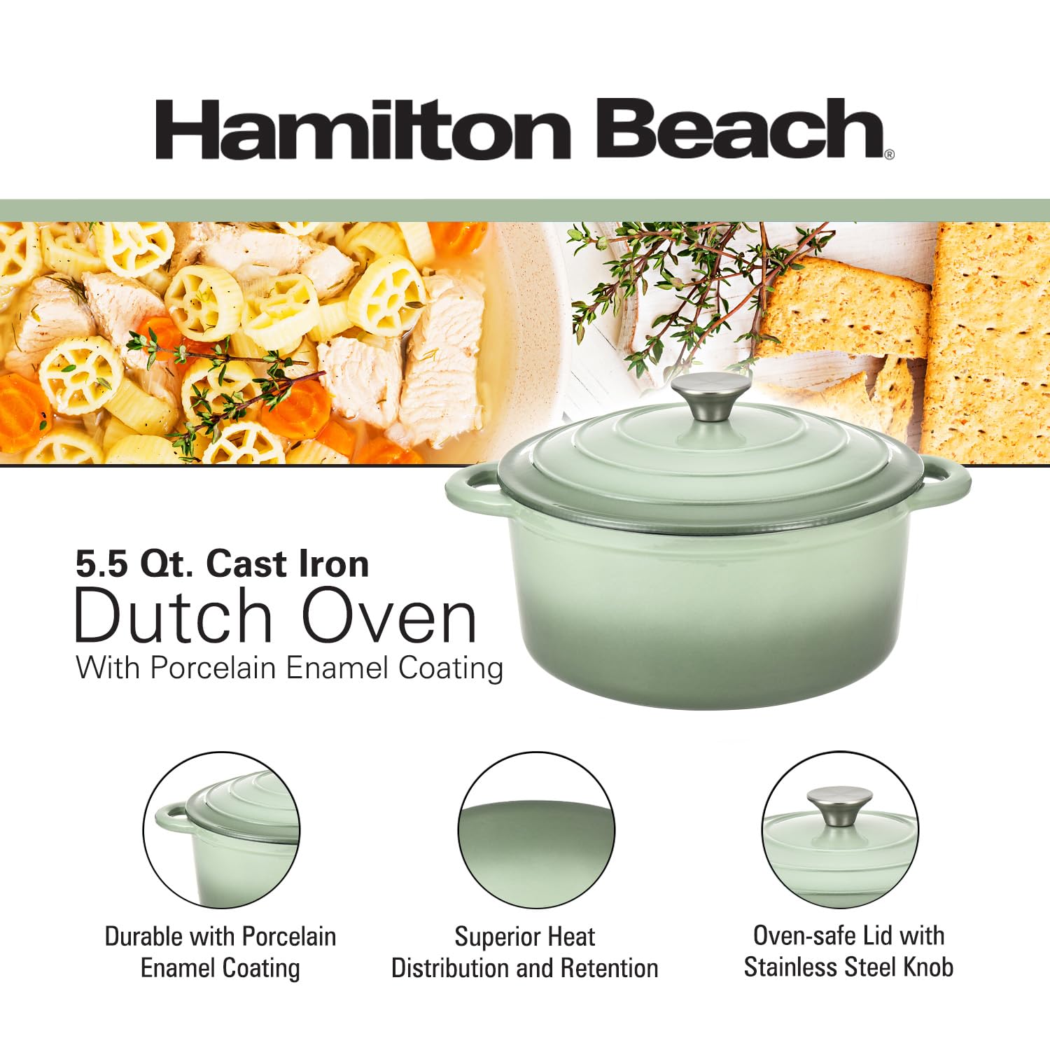 Hamilton Beach Enameled Cast Iron Dutch Oven 5.5-Quart Sage, Cream Enamel Dutch Oven Pot with Lid