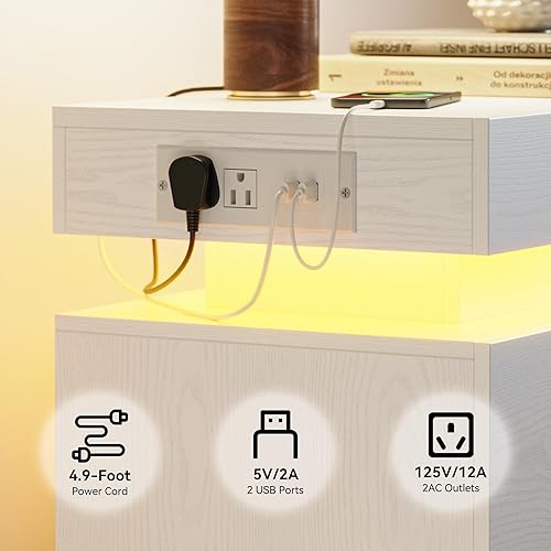 Miniatura 6 de LIKIMIO Juego de 2 mesitas de noche, moderna mesita de noche blanca con estación de carga, mesitas de noche con luz LED y cajones, mesa auxiliar