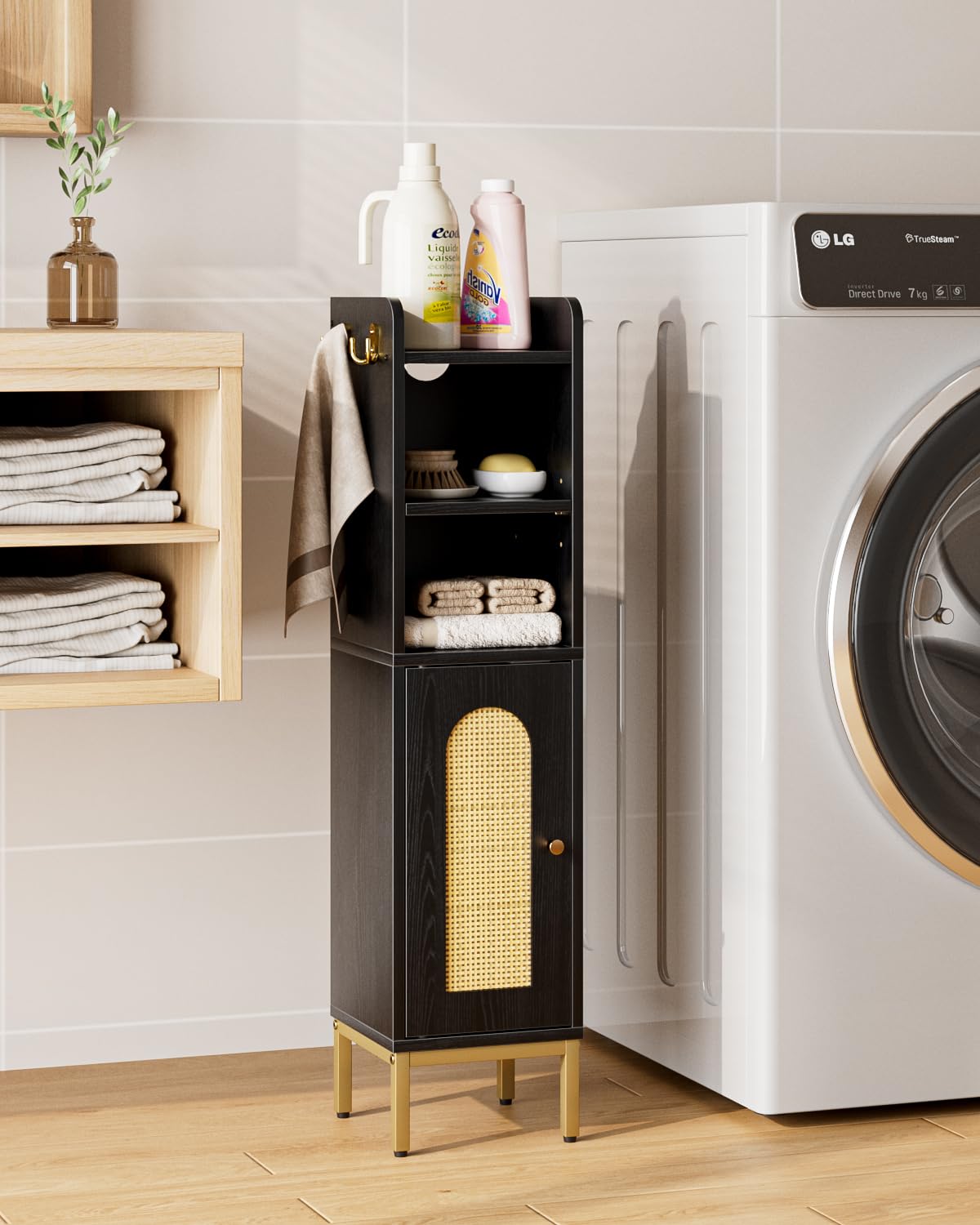 HEYZOEY Armoire de salle de bain - Meuble de rangement haut avec porte - Rangement fin pour salle de bain, cuisine, salon, chambre à coucher, bureau - Rotin noir