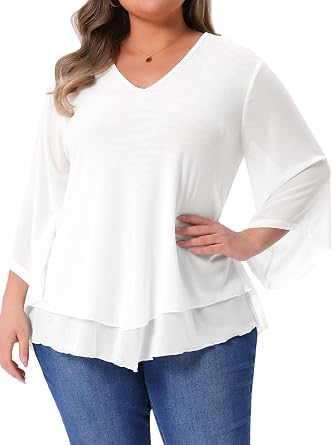 Agnes Orinda Plus Size Shirt for Women 3/4 Sleeve Scoop Neck Double Layers Blouse Top