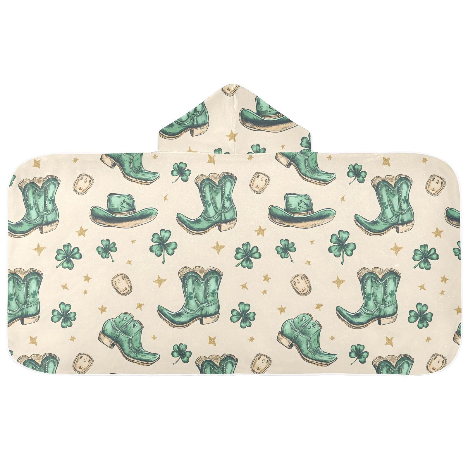 CHIFIGNO St. Patrick's Day Cowboy Boots Clover Kids Hooded Towels Absorbent Beach Towel for Kids Soft Beach Poncho Towels for Boys Girls