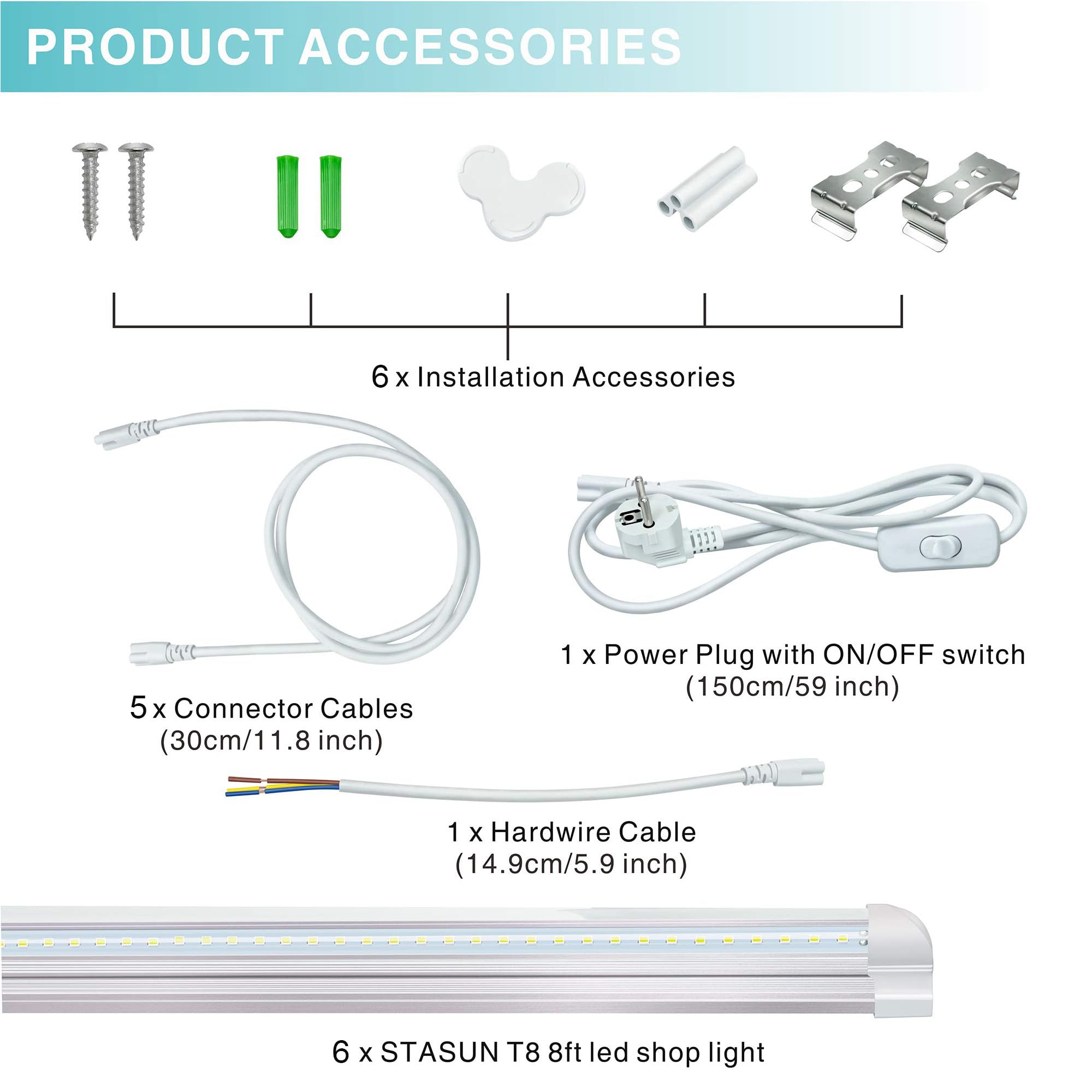 STASUN Luce Negozio 1,5m Confezione 6 Pezzi, Tubo LED T8 40W 5200lmn Integrato, Luce Diurna 5000K, Forma a V, Copertura Trasparente, Luci LED Negozio Collegabili con Spina per Officina, Magazzino